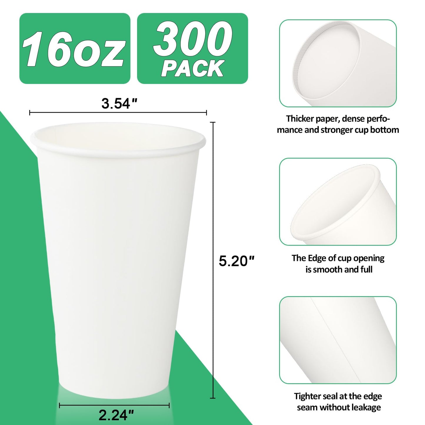 RAZCC 16 oz Paper Cups, 300 Pack 16oz Disposable Coffee Cups, Coffee Cups 16 oz for Cold and Hot Drinks, White Paper Drinking Cups for Parties, Picnic, Cafes, Bistros and Events