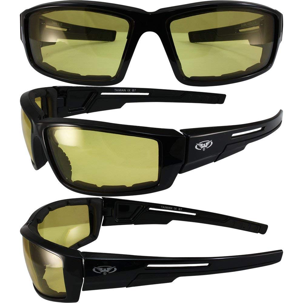 Global Vision 2 Pair of Sly Padded Motorcycle Sunglasses Gloss Black Frames with Smoke and Yellow Lenses