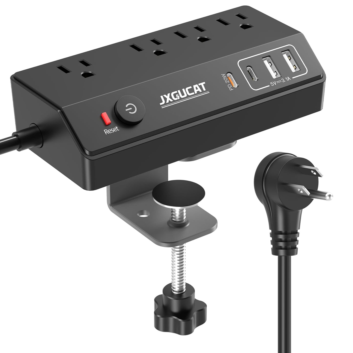 Desk Clamp Power Bar 10Ft with PD 20W USB C, JXGUCAT Black Removable Fast Charging Power Bars with Surge Protector, Extension Cord Power Bar with 4 Outlets 4 USB Ports, Fit 1.8" Tabletop Edge