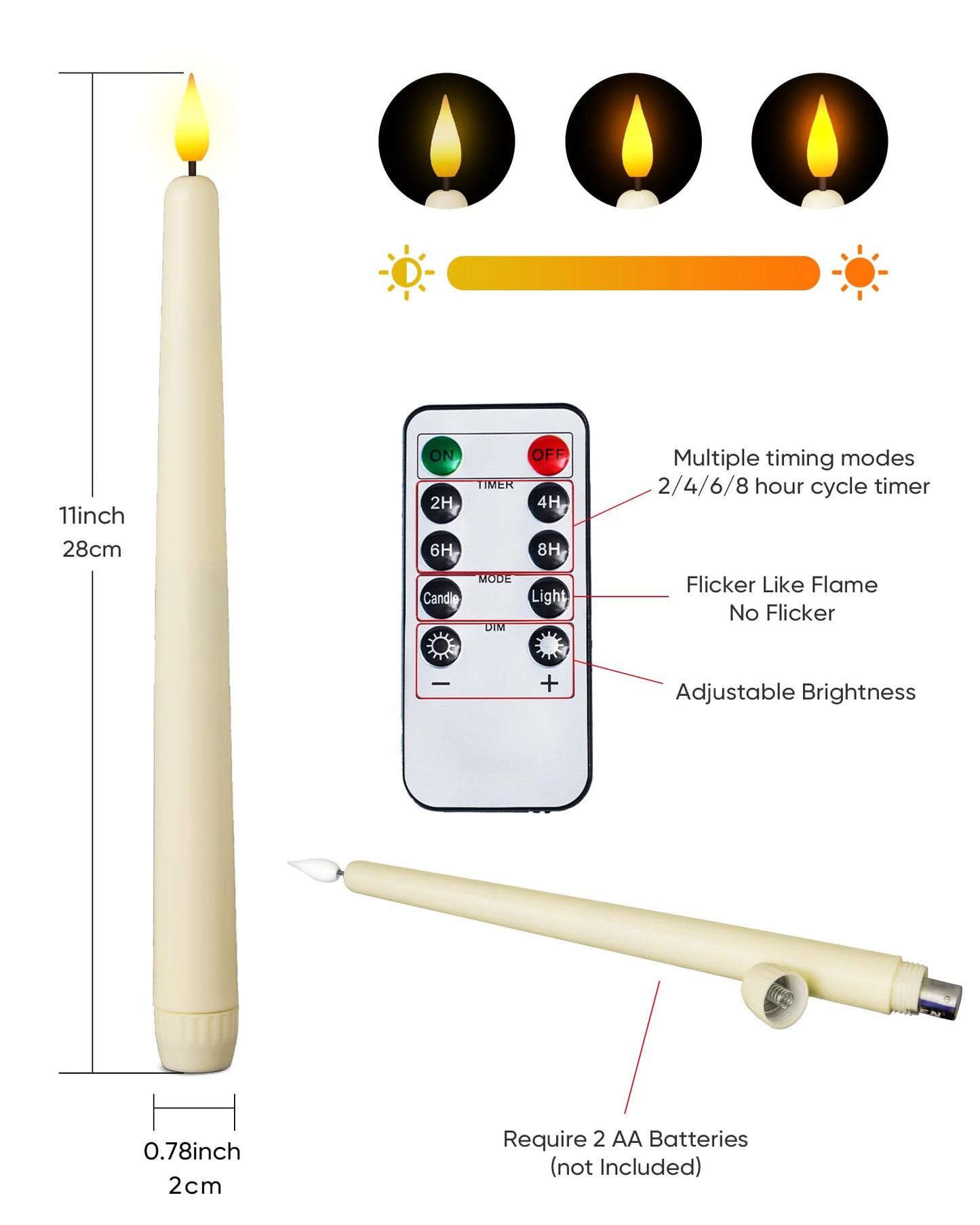 AMAGIC 12 Pcs Flameless Taper Candles with Remote Timer Dimmer, 11 inches, Battery Operated, Plastic LED Candlesticks with Flickering for Halloween Christmas Church Wedding