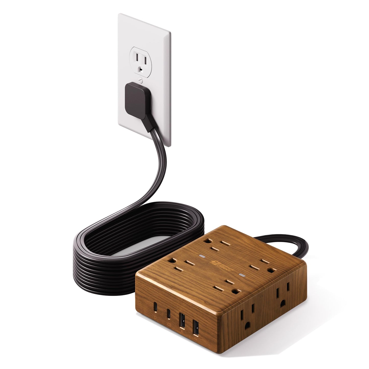 Brown Extension Cord 10Ft, Flat Plug Power Bar Surge Protector, 8 Outlets & 4 USB Ports (2 USB C), Desktop Charging Station Hidden Behind Furniture, Decorative Office Desk Accessories (Wood Grain)