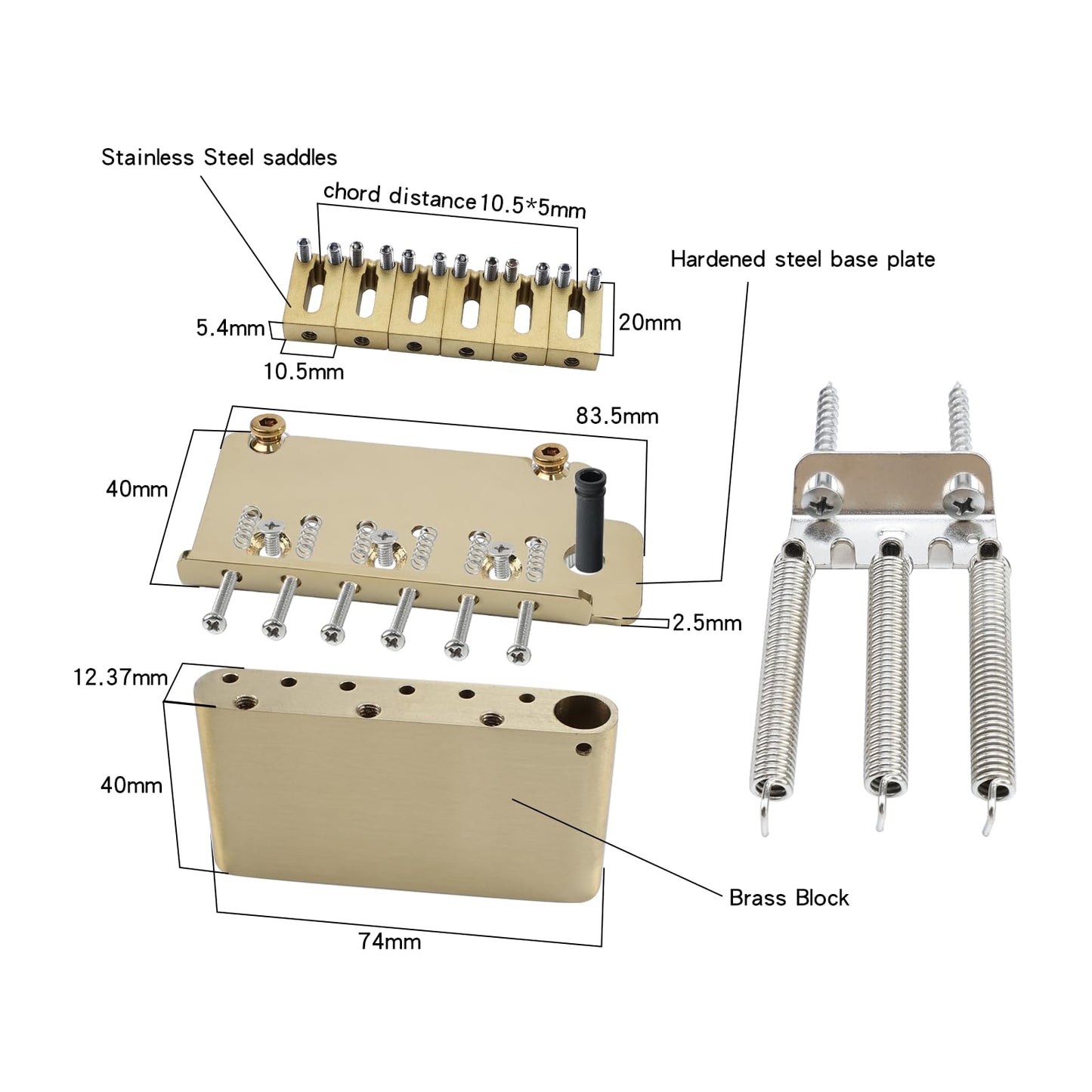 OVSAL 10.5mm Electric Guitar Bridge Vacuum Gold 2 Point tremolo bridge Brass Block Stainless Steel Saddles Plate Electric Guitar Bridge 6 String Start