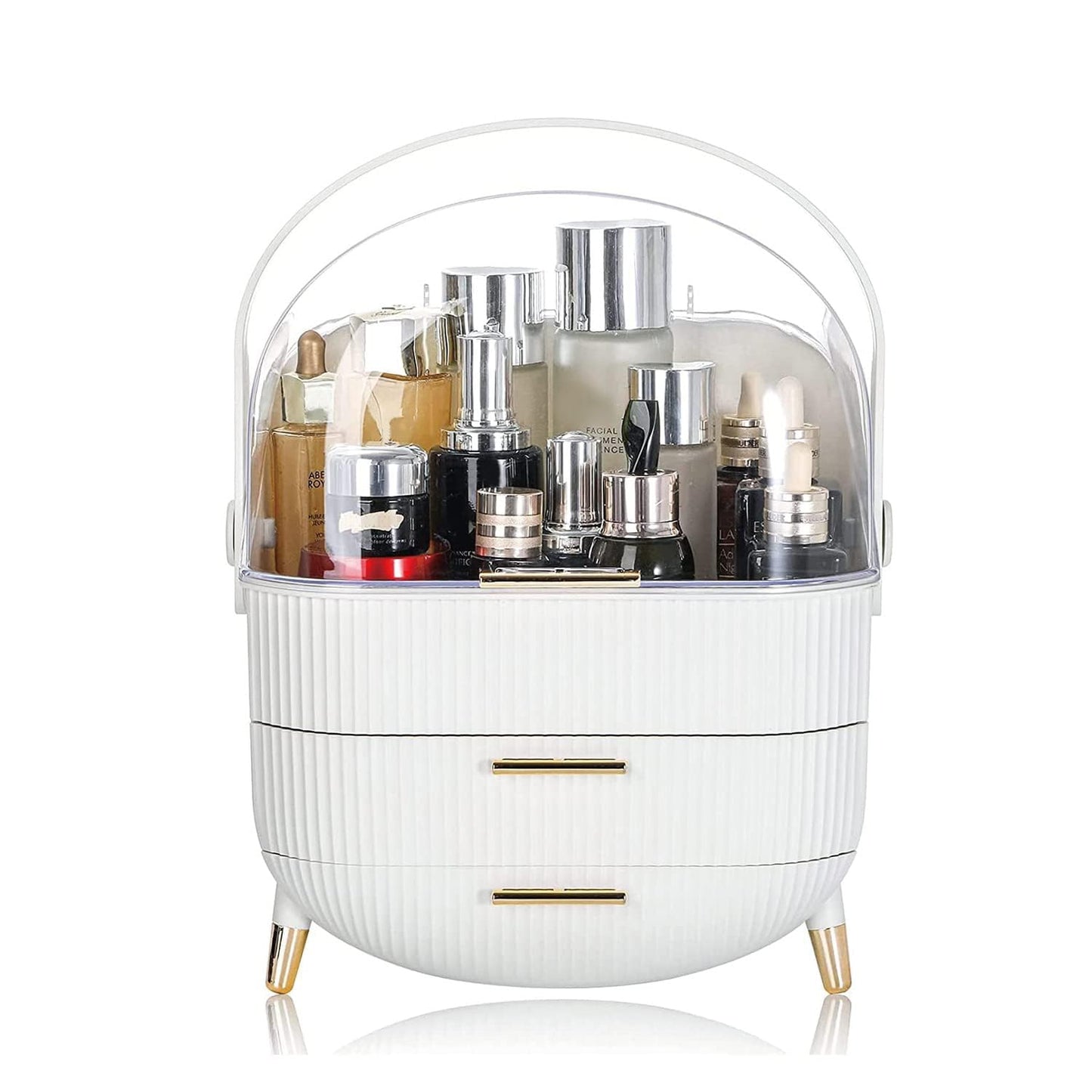 Makeup Organizer Storage Box, Cosmetics Display Case with Transparent Cover, Dust Waterproof Cosmetics Storage Box Suitable for Bathroom Countertop and Bedroom Vanity Dresser (White)