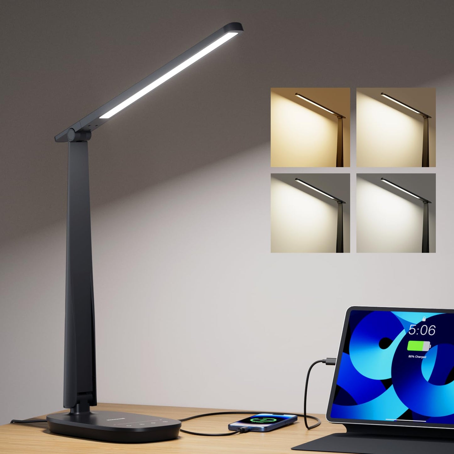 Honeywell LED Desk Lamp for Home Office, Dimmable Desk Light with USB A+C Dual Charging, 4 Modes Brightness Touch Lamp with Timer, Eye Caring Foldable Reading Light, Table Lamp for Study Nightstand