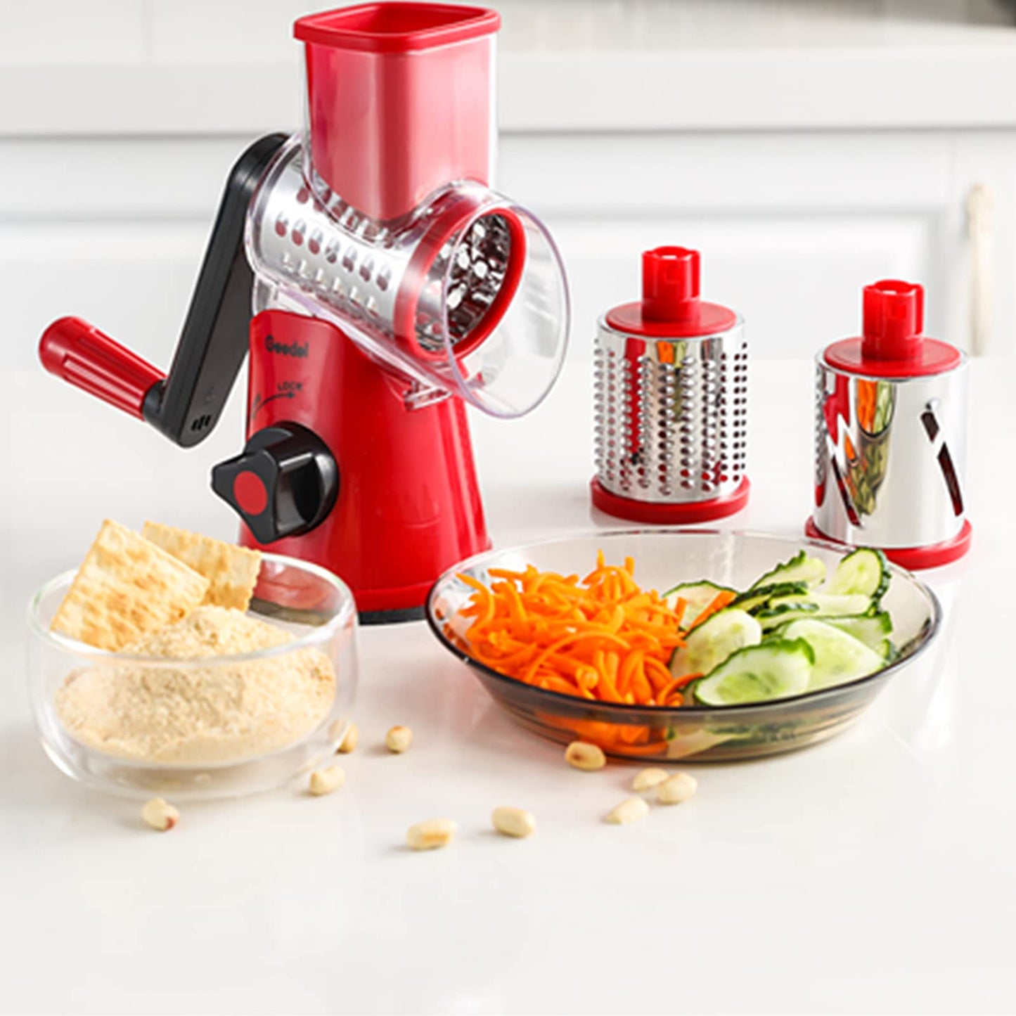 Geedel Kitchen Cheese Grater, Rotary Mandoline Vegetable Slicer with Interchangeable Blades, Easy to Use Rotary Grater Slicer for Fruit, Vegetables, Nuts