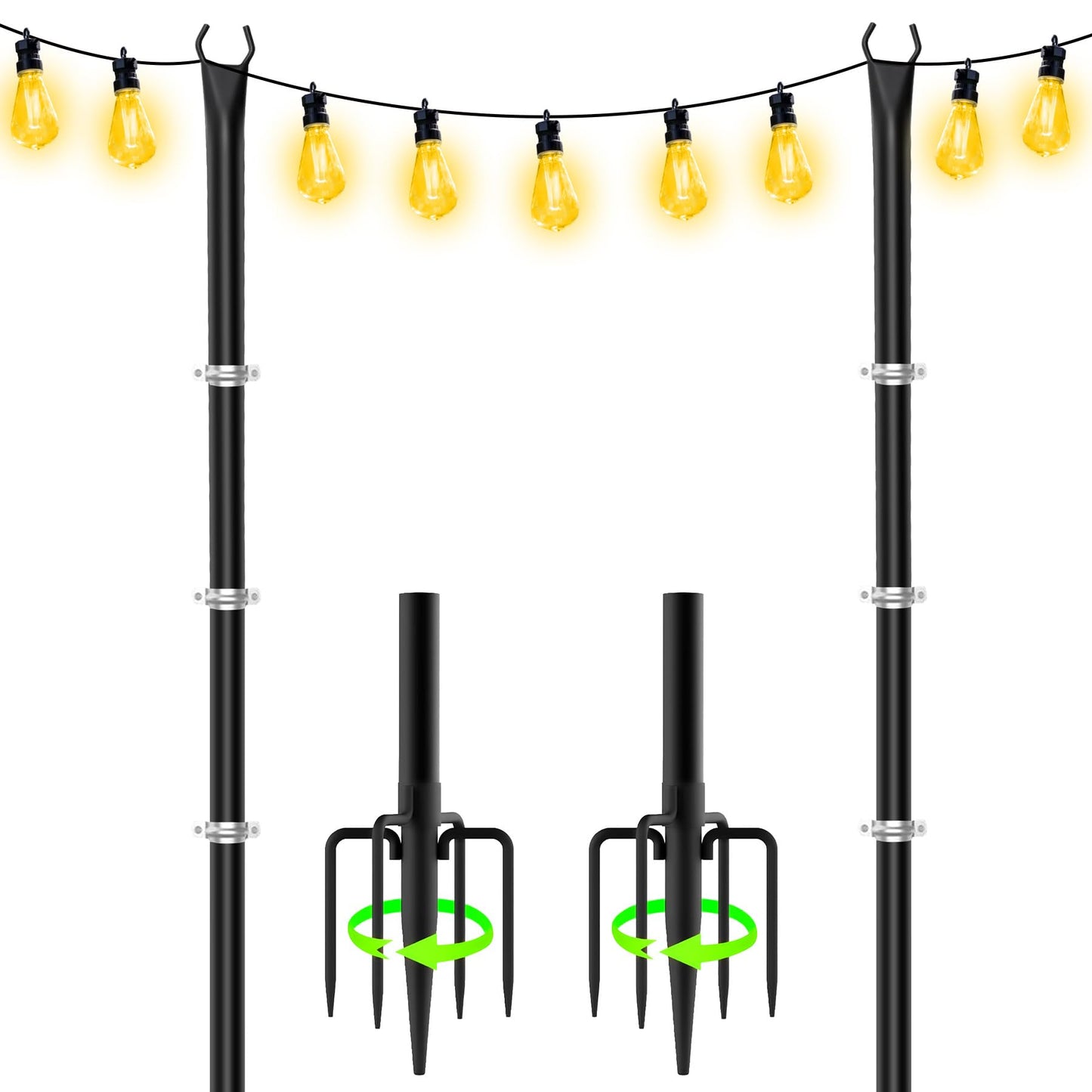 Vitalsvn 10FT String Light Poles for Outdoor Lighting Poles for Outside String Lights, Metal Pole Stand for Hanging Light Outdoor Light Poles for Deck,Patio,Backyard,Garden (2 Pack)