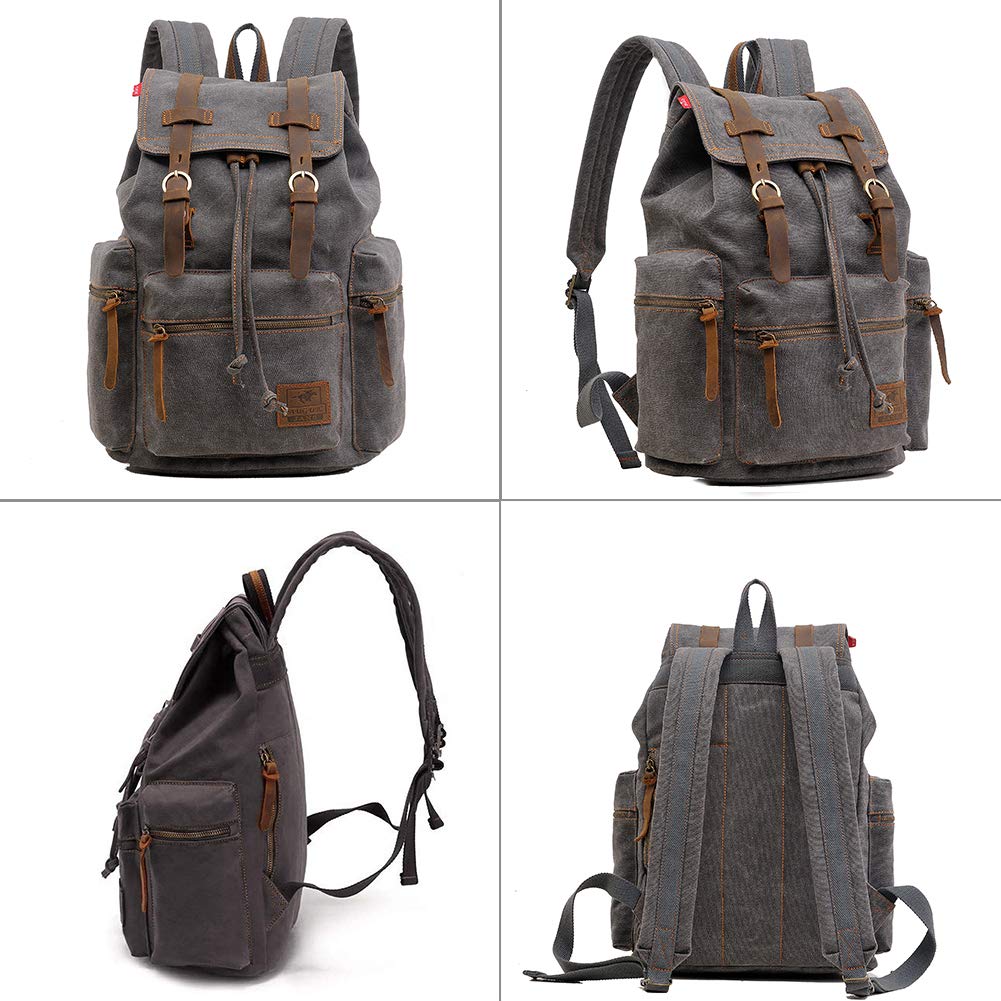 AUGUR Canvas Laptop Backpack, 17 inch Laptop Backpack Unisex Vintage Leather Casual School College Bags Bookbag Hiking Travel Rucksack Business Daypack (L-Grey)