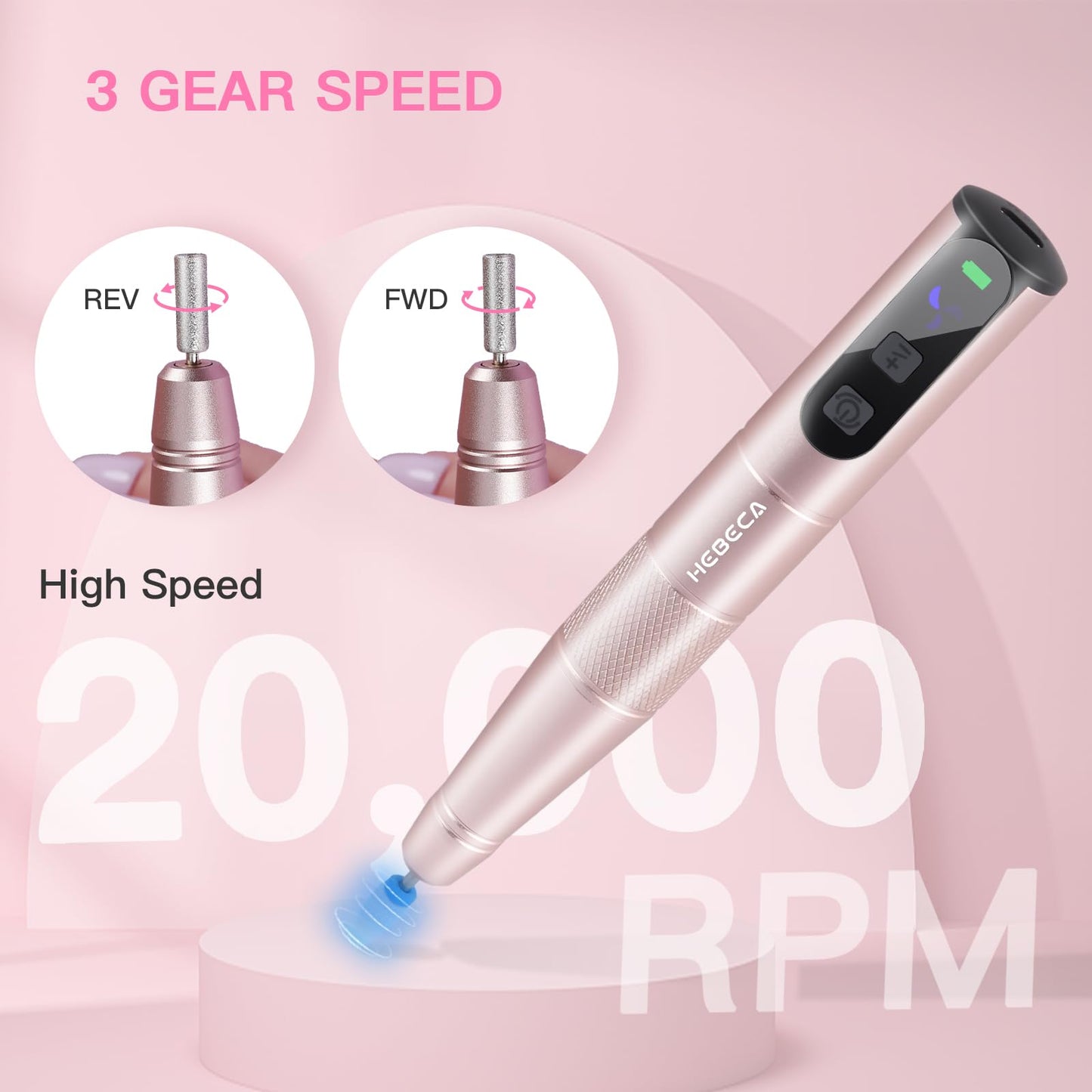 HEBECA Cordless Nail Drill Set - Professional Electric Nail File with 12 Drill Bits 26 Sanding Bands for Natural or Acrylic Gel Nails -Rechargeable Nail Drill Machine Home Use