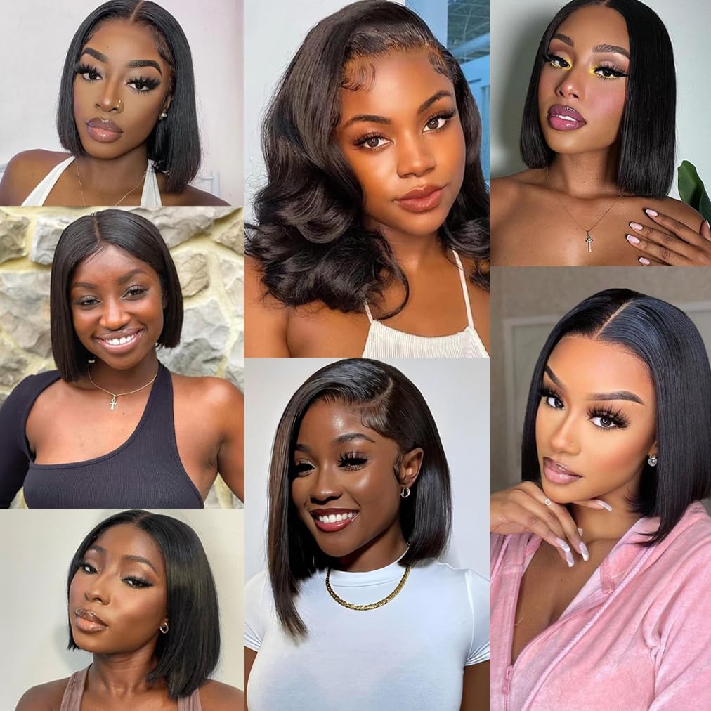 4X4 Lace Front Wigs Human Hair Straight Bob Wig Human Hair Short Wigs for Women Human Hair Pre Plucked 150% Density Glueless Perruque Femme Humain Naturel Black 8 Inch