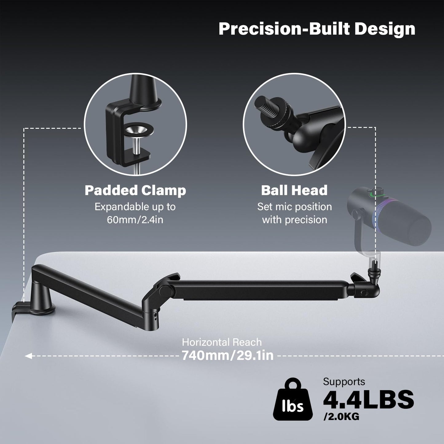 Low Profile Mic Arm, Cable Management Microphone Boom Arm, Full Aluminum Adjustable Mic Stand with Desk Clamp, 360°Rotatable Heavy Duty Microphone Stand for Streaming, Podcasting, Recording