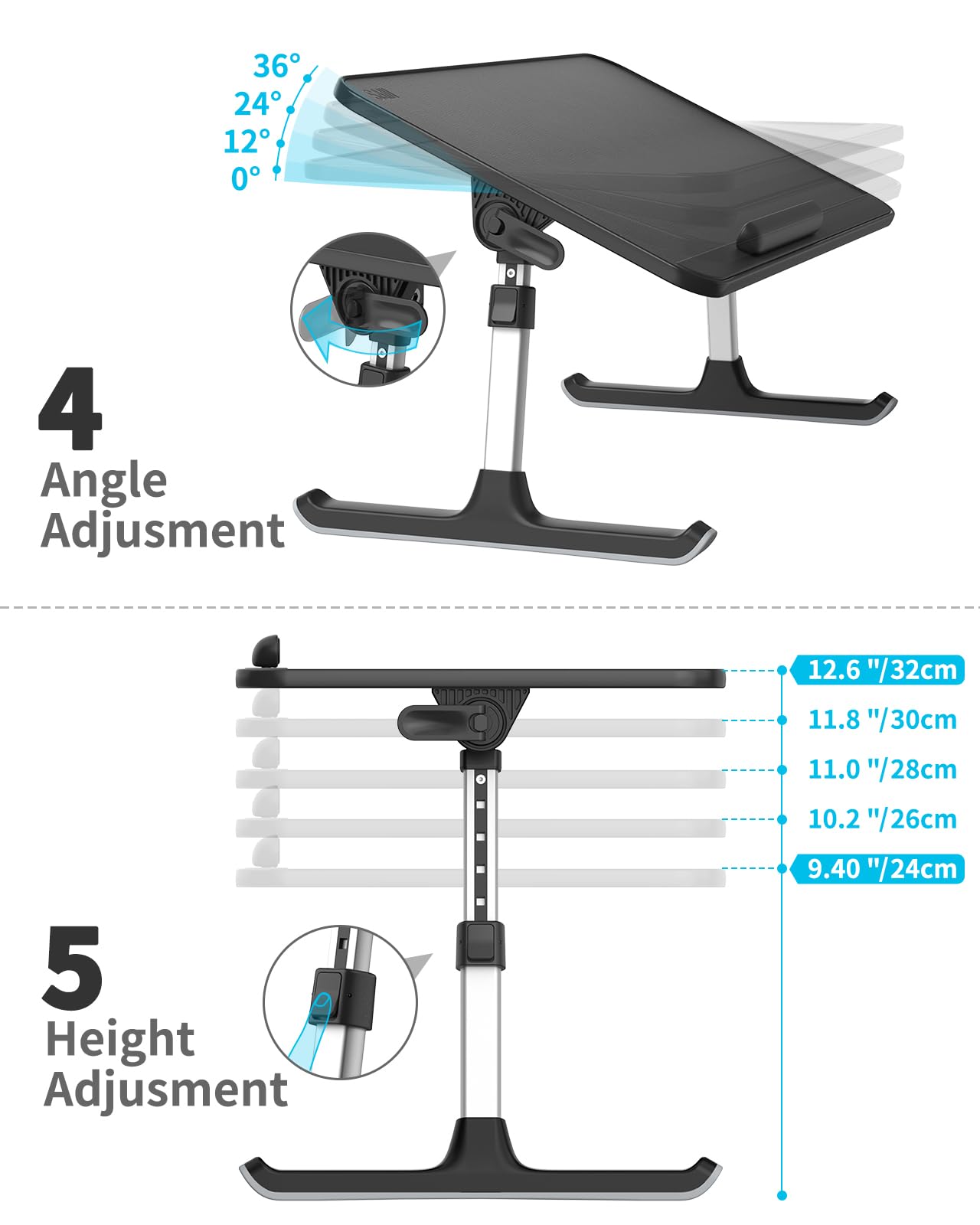 SAIJI PU Leather Laptop Bed Tray Table, Adjustable Laptop Stand with Removable Stopper, Portable Lap Desks with Foldable Legs, Notebook Stand Breakfast Reading Desk for Sofa Couch(Large, Black)