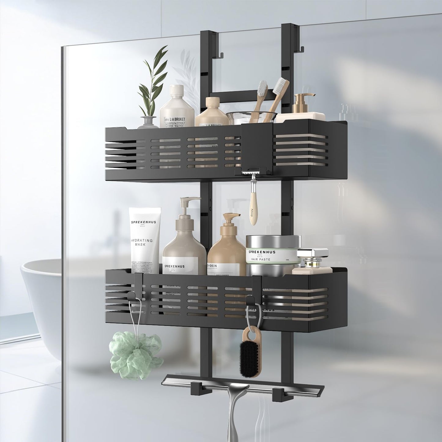 Hodzeed Shower Caddy Hanging Over The Door, Rustproof Shower Shelves with Hooks Black Shower Rack Hanging Shower Organizer Shelf 2 Tier No Drilling Bathroom Shelf Over the Door for Dorm,Toilet,Kitchen
