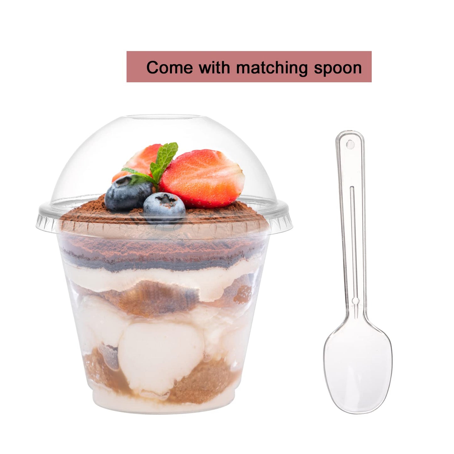Coloch 100 Pack 9Oz Clear Dessert Plastic Cup with Dome Lid and Spoon, Disposable Crystal Parfait Cup, Fruit Container for Fruit, Puddings, Dessert, Cold Drinks, Ice Cream
