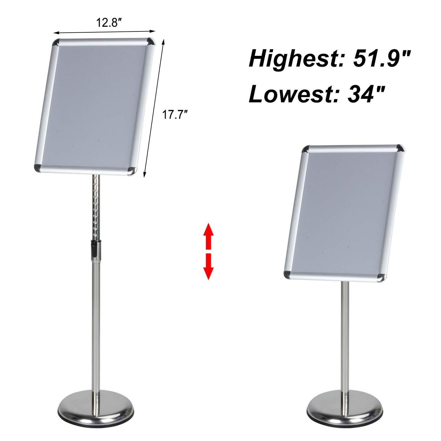 AkTop Adjustable Poster Sign Stand, 11 X 17 Inch Heavy Duty Pedestal Floor Standing Sign Holder, Silver Snap-Open Aluminum Frame with Safety Rounded Corner