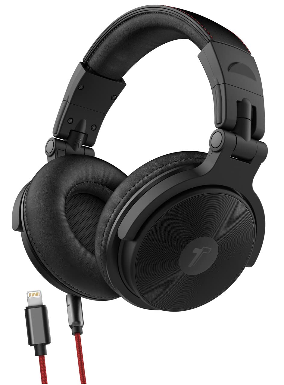 Thore Over Ear iPhone Headphones with Lightning Connector (Apple MFi Certified) - Closed Back Studio DJ Monitor Earphones (50mm Neodymium Drivers) (V200 Black/Red)