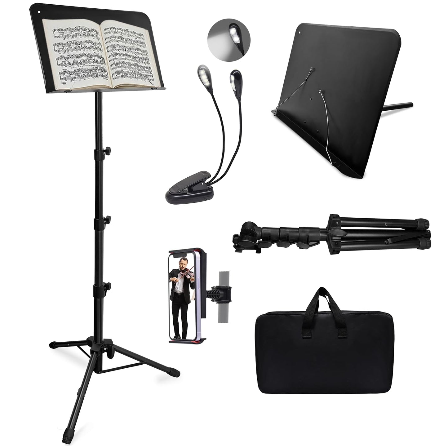 70" Sheet Music Stand with Light and Phone Holder, Music Stand for Sheet Music High Stability, Height Adjustable Portable Music Sheet Stand with Carrying Bag(33-70inch,Plate without hole)