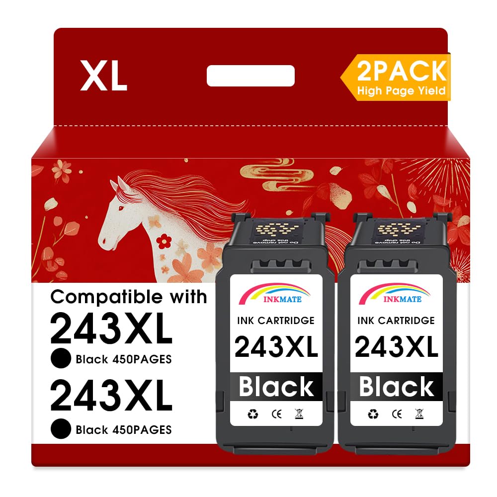 INKMATE PG-243 243XL Black Ink Cartridge 2 Pack Replacement for Canon Printer Ink 243 PG243 PG-243XL for Pixma ts3420 Ink TS3400 TR4522 MX490 MX492 MG2522 MG2922 TR4520 TS3122 Printers(2 Black)