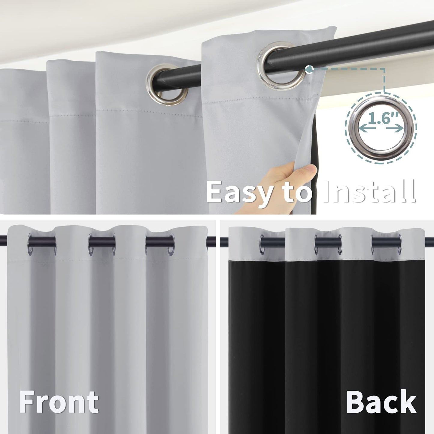 BGment Thermal Insulated 100% Blackout Curtains for Bedroom with Black Liner, Double Layer Full Room Darkening Noise Reducing Grommet Curtain, 2 Window Curtain Panels of 52 x 63 Inch, Light Grey