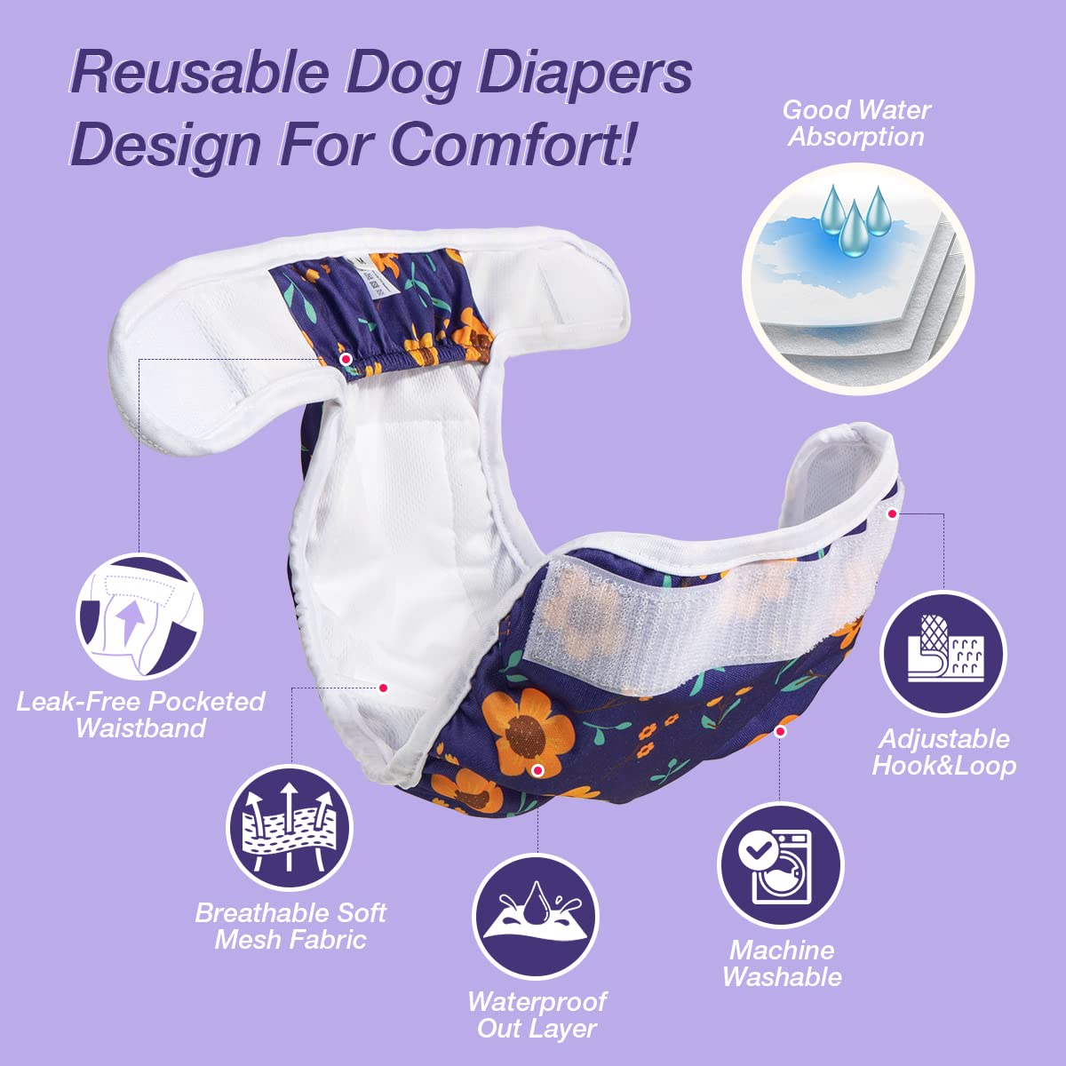 Pet Soft Washable Female Diapers (3 Pack) – Female Dog Diapers, Comfort Reusable Doggy Diapers for Girl Dog in Period Heat (Cute Flower, L)