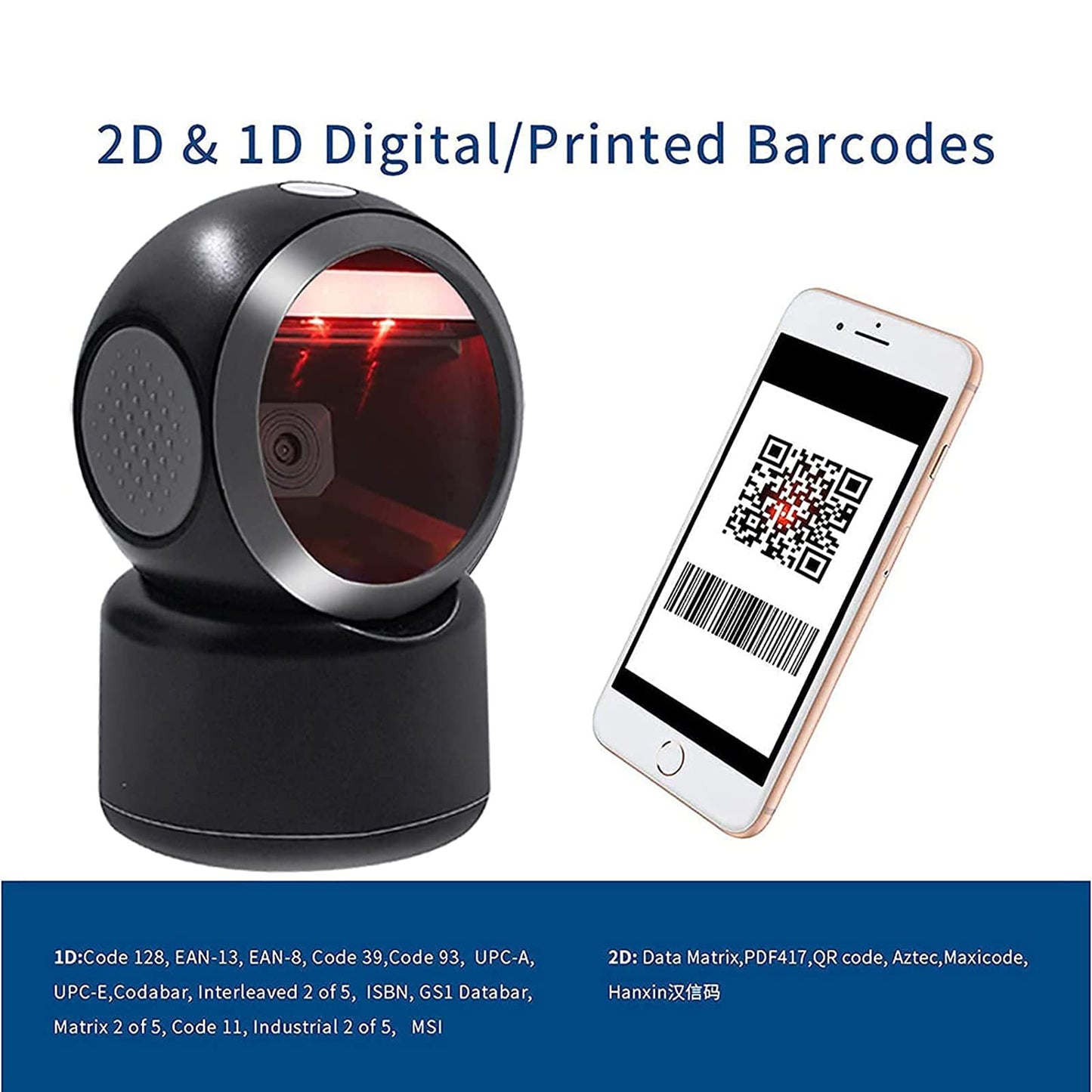 2D QR Barcode Scanner Omnidirectional Hands-Free Automatic Barcode Reader for Mobile Payment Computer Screen ScanMeters