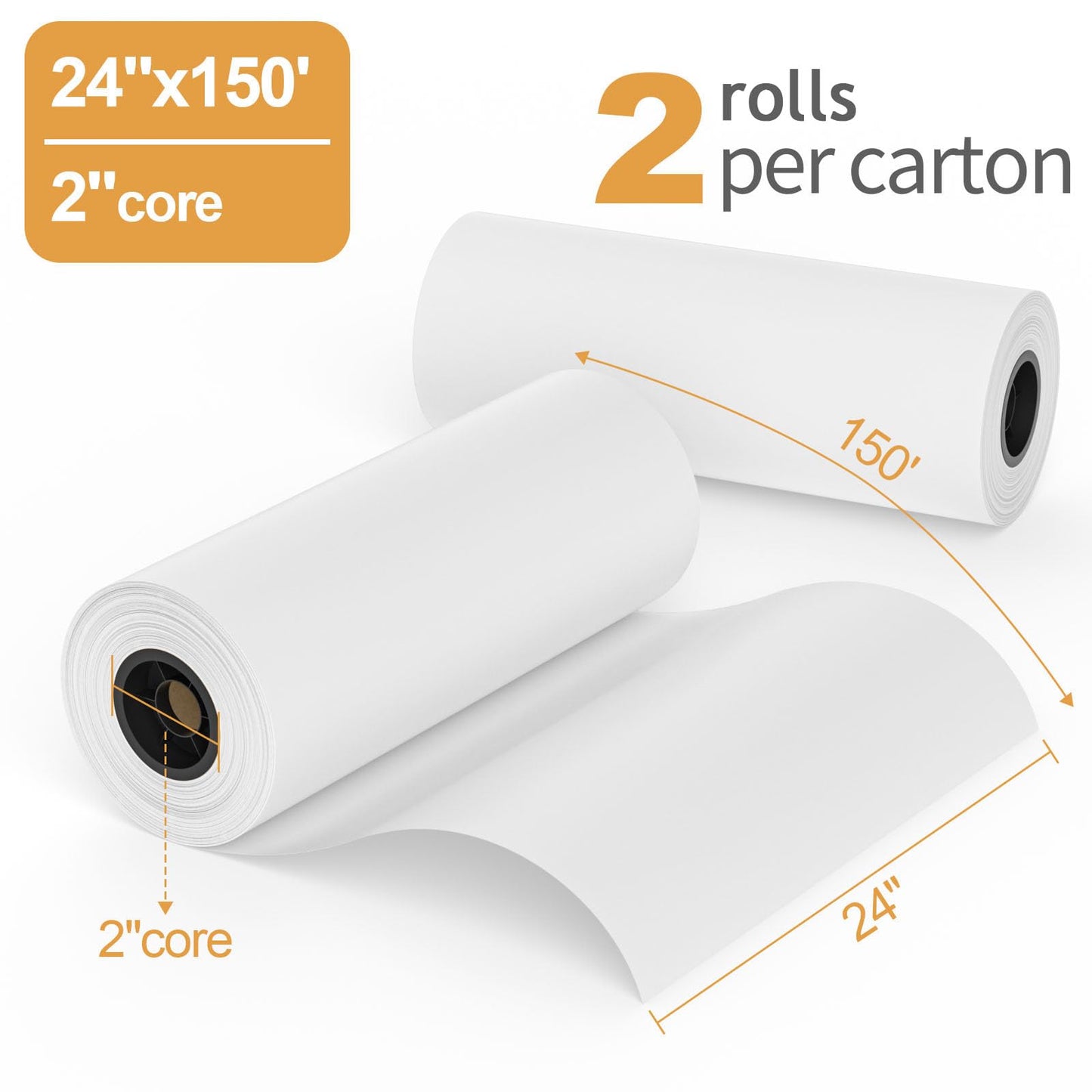 Wide Format Paper 24” x 150' CAD Rolls, 2 Rolls Plotter Paper on 2" Core for CAD Drawings, Engineering Plans, GIS Maps & Architectural Designs