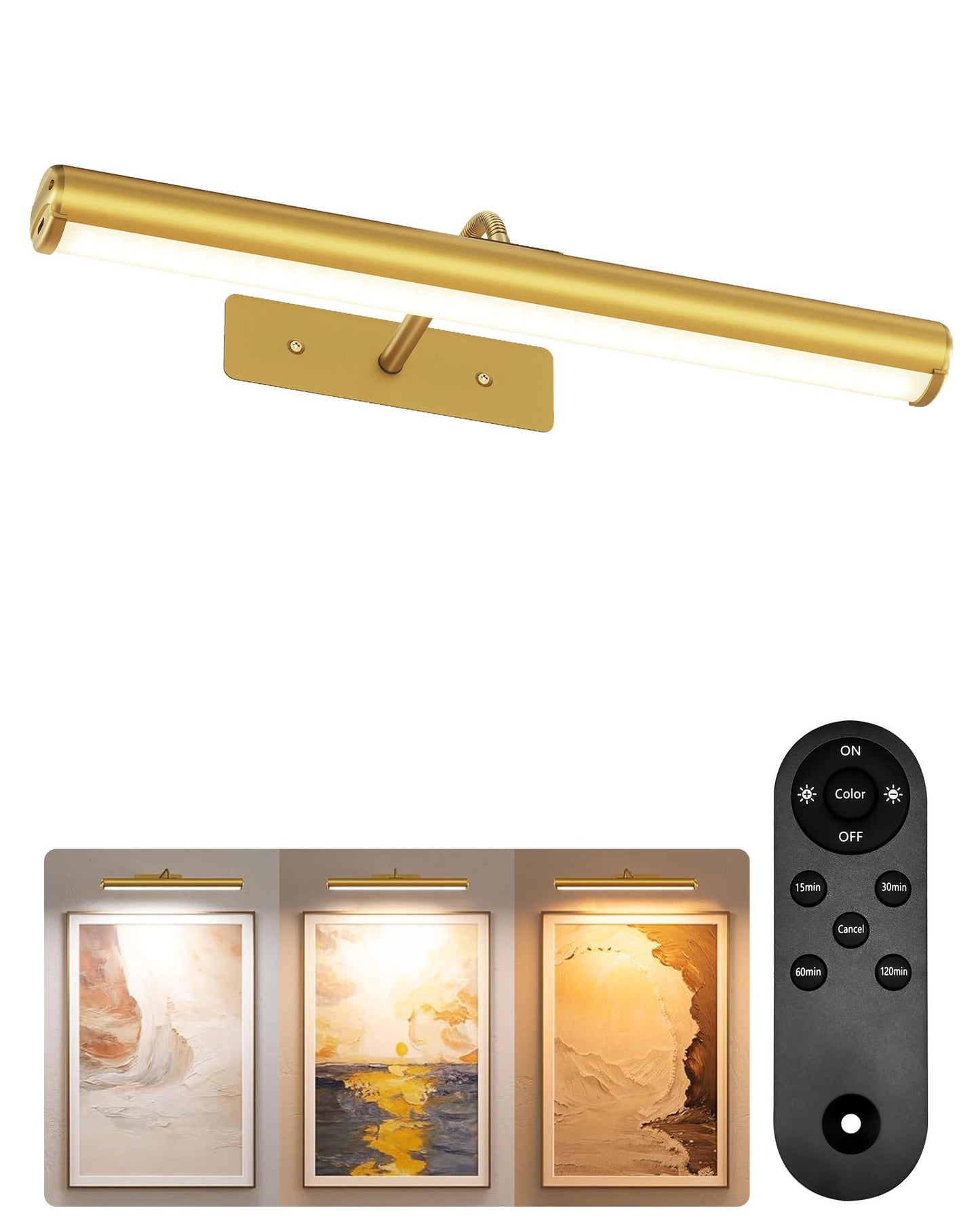EZVALO 16" Picture Lights for Wall, 6000mAh Rechargeable Art Light with Remote, 3 CCT & Dimmable, Battery Operated Gallery Light Wireless, Frame Painting Light for Poster, Artwork (Gold,1 Pack)