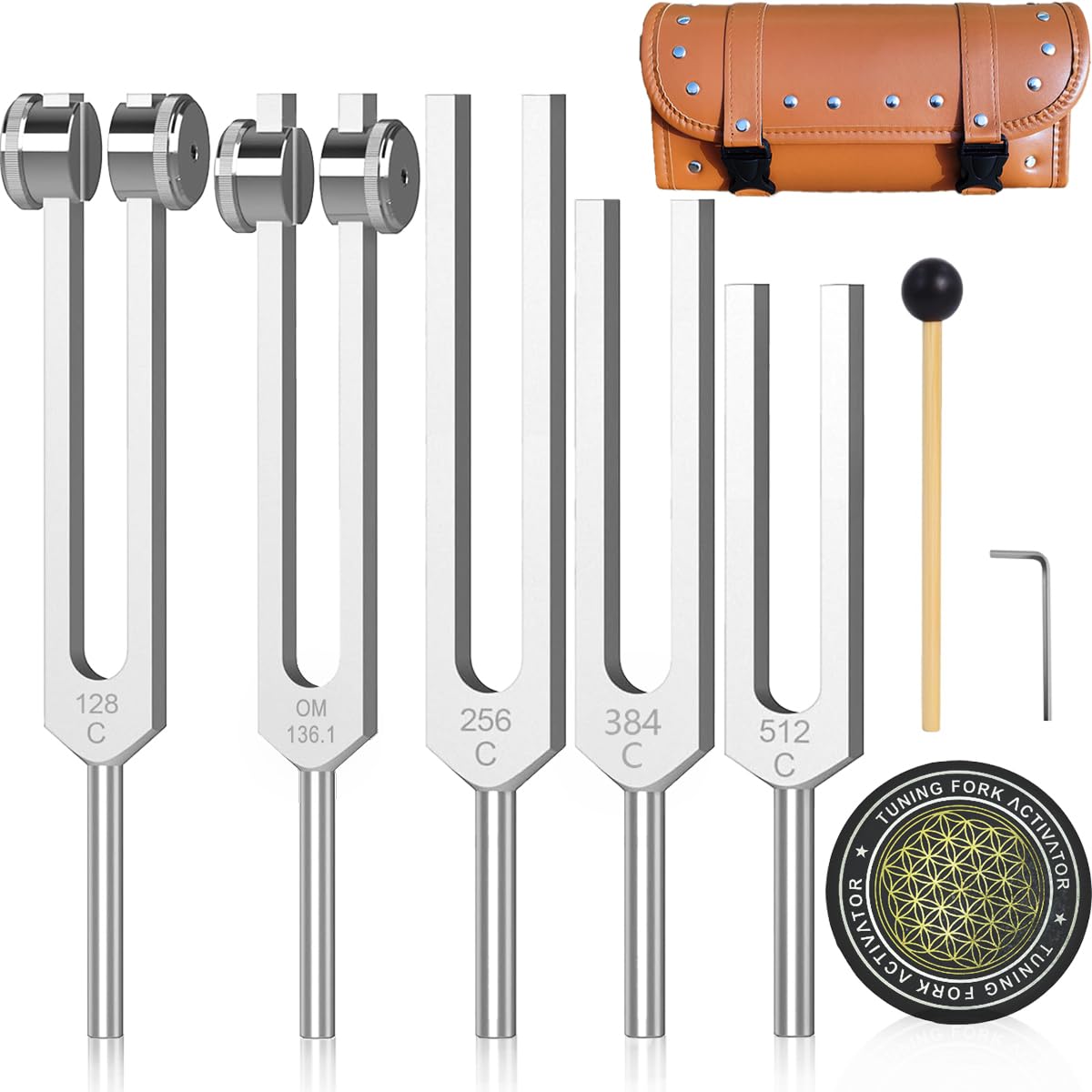 Resonance Tuning Forks for Healing Set - Weighted & Unweighted Tuning Fork Set Including 128Hz, 136Hz, 256Hz, 384Hz ，512HZ& Hockey Puck Activator - Chakra Sound Therapy Instruments