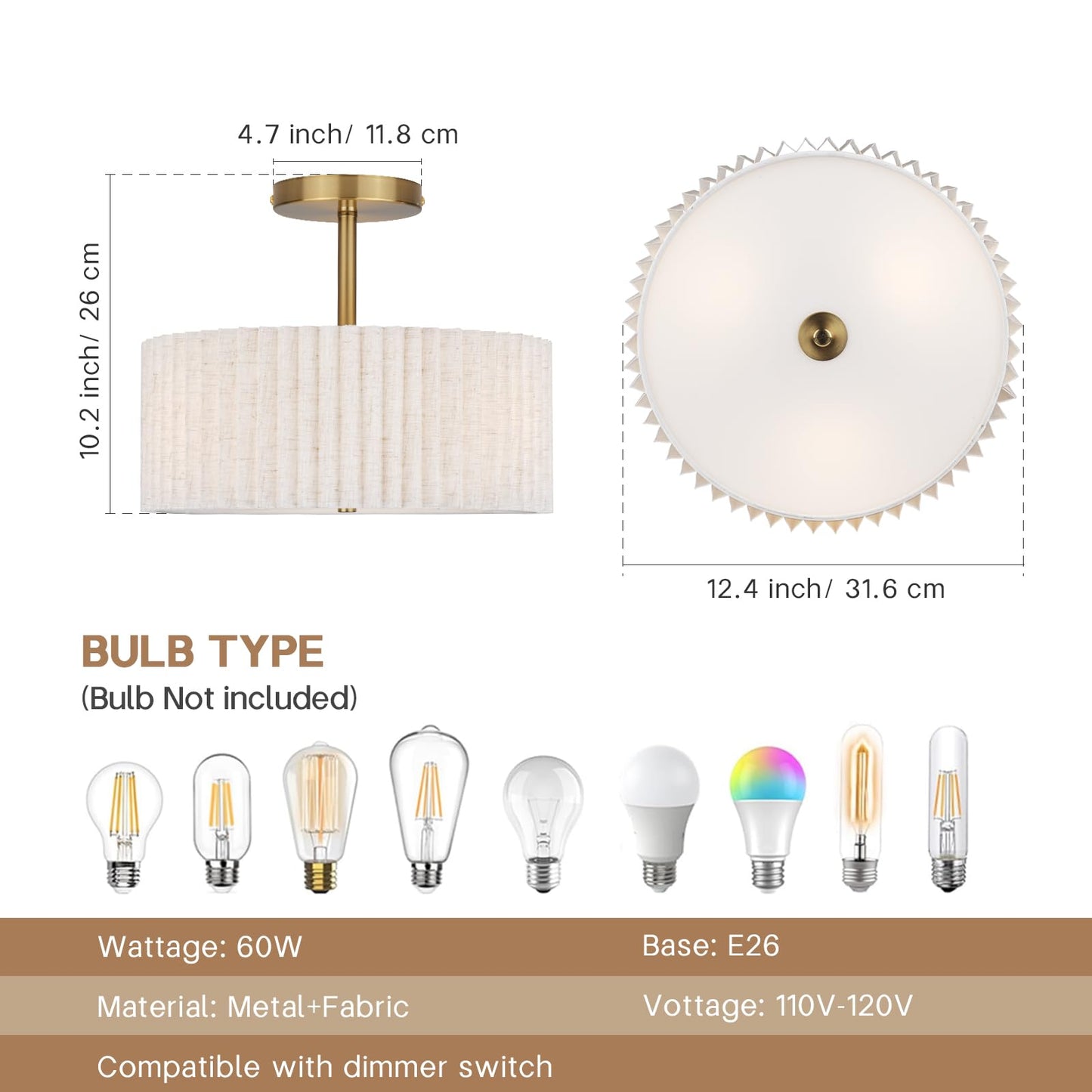 Mid Century Modern Semi Flush Mount Ceiling Light with Pleated Fabric Shade, 12.5 in Drum Gold Light Fixture with Lights, Beige White Linen Lamp for Bedroom, Living Room, Dining Room, Hallway