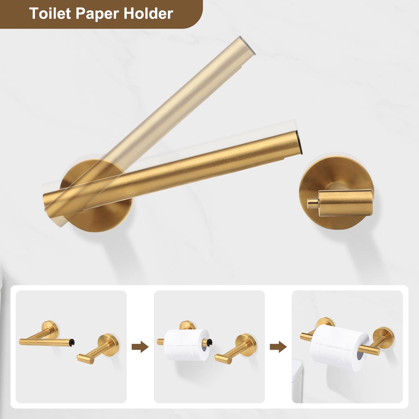 Ntipox Brushed Gold Toilet Paper Holder Set, Stainless Steel Towel Ring, Double Post Pivoting Toilet Paper Holder and Hand Towel Holder Set for Bathroom