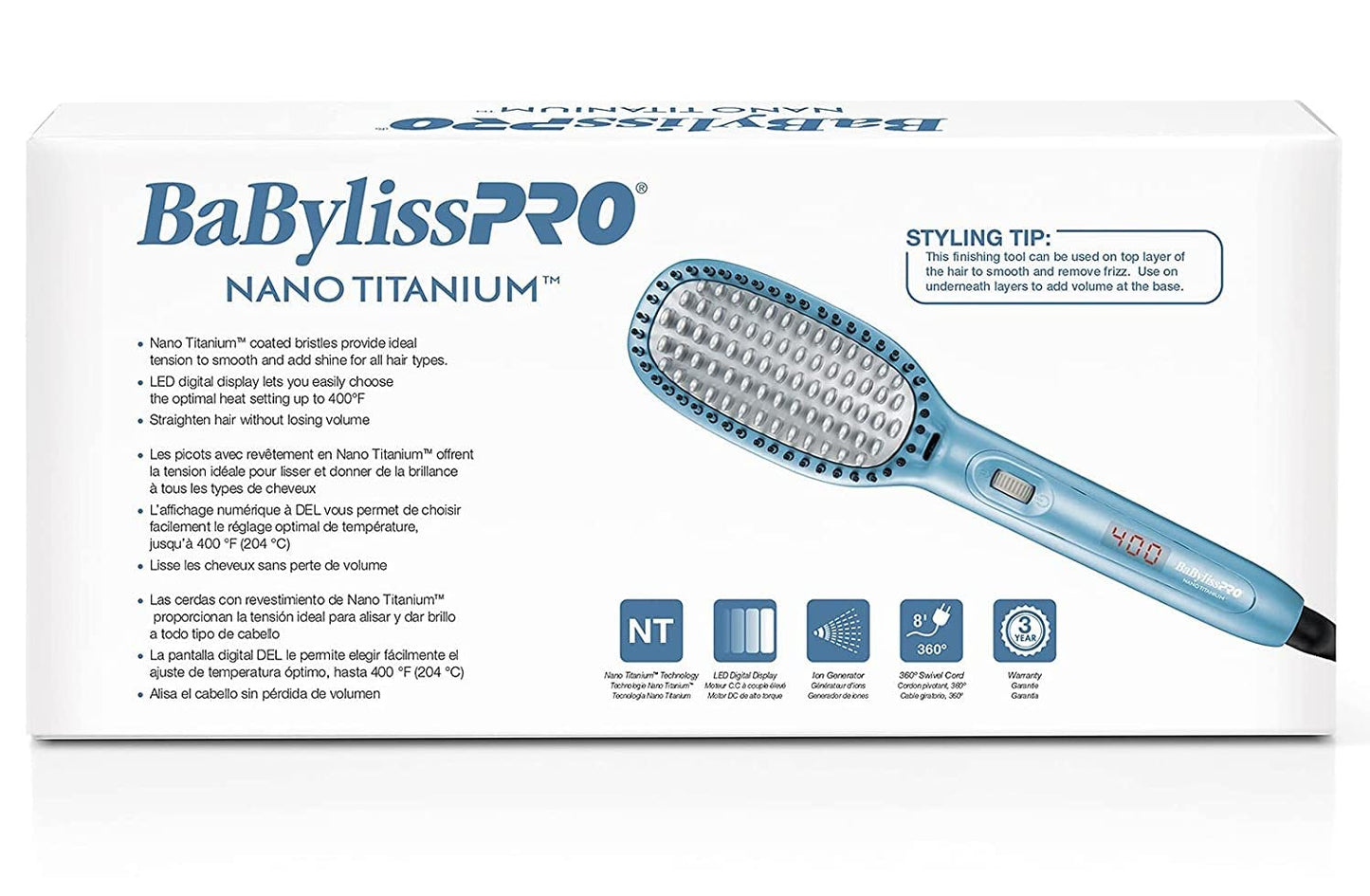 BaBylissPRO Nano Titanium Thermal Paddle Brush, Hair Straightener Brush to Smooth and Shine for Hair Straightening, Volume and to remove Frizz