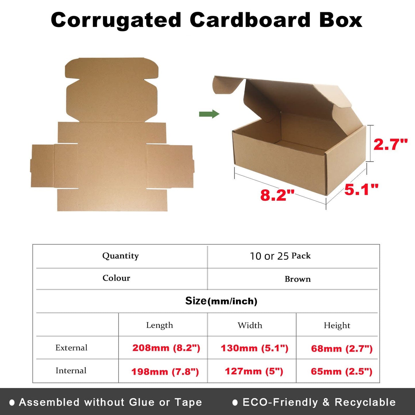 Corrugated Cardboard Shipping Boxes, 208x130x68mm (8"x5"x2.5") Small Parcel Boxes, Packaging Mailing Boxes for Business, Posting, Small Packet Shipping, Storing or Gift(Pack of 25)