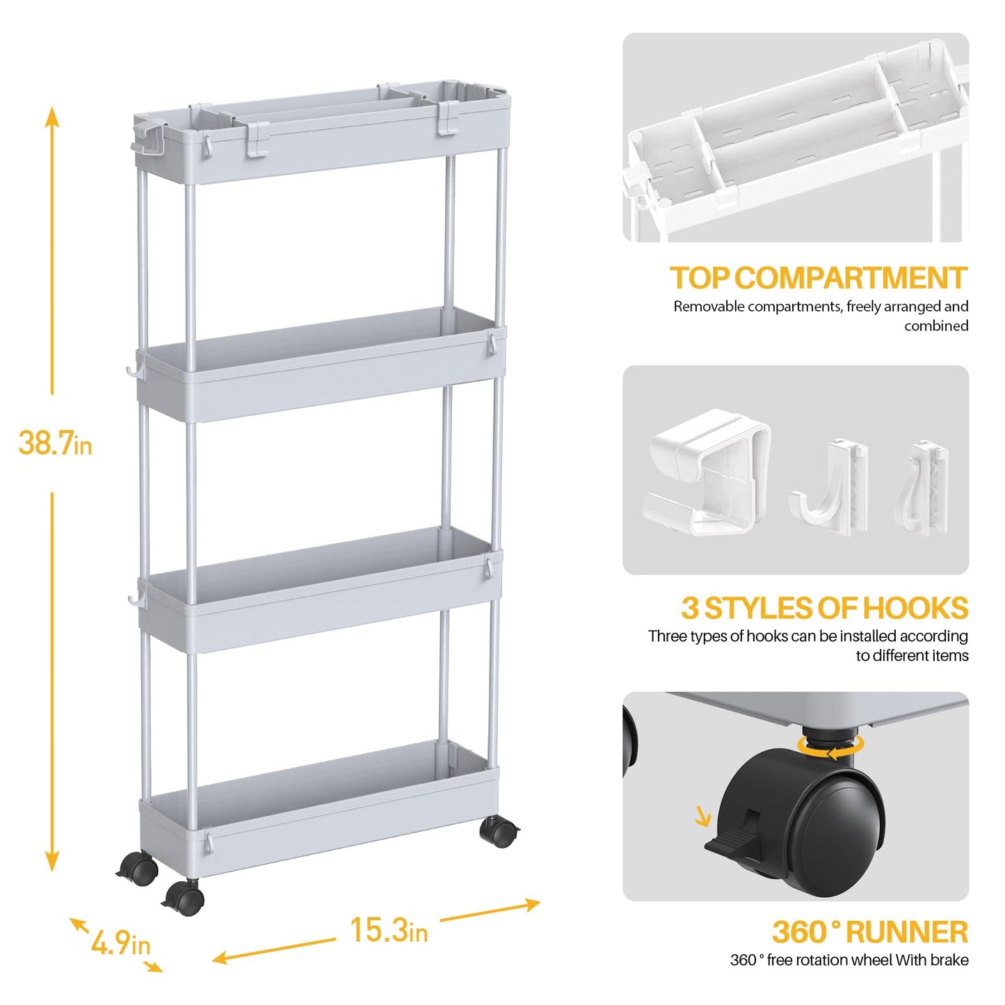 SPACELEAD Slim Storage Cart 4 Tier,Bathroom Organizer Rolling Utility Cart, Mobile Shelving Unit Slide Out Storage Cart for Office, Bathroom, Kitchen, Laundry Room & Narrow Places， Gray