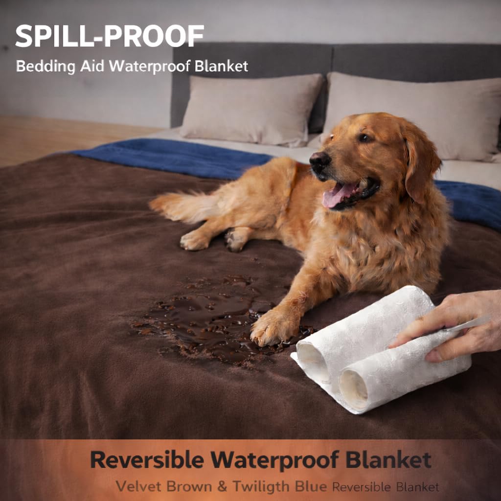 Waterproof Throw Blanket – Leakproof, Spill-Proof Flannel Dog Blanket for Bed, Couch, Kids & Pets Protection, Reversible Water-Proof Design (Velvet Brown & Twilight Blue, 40x60)