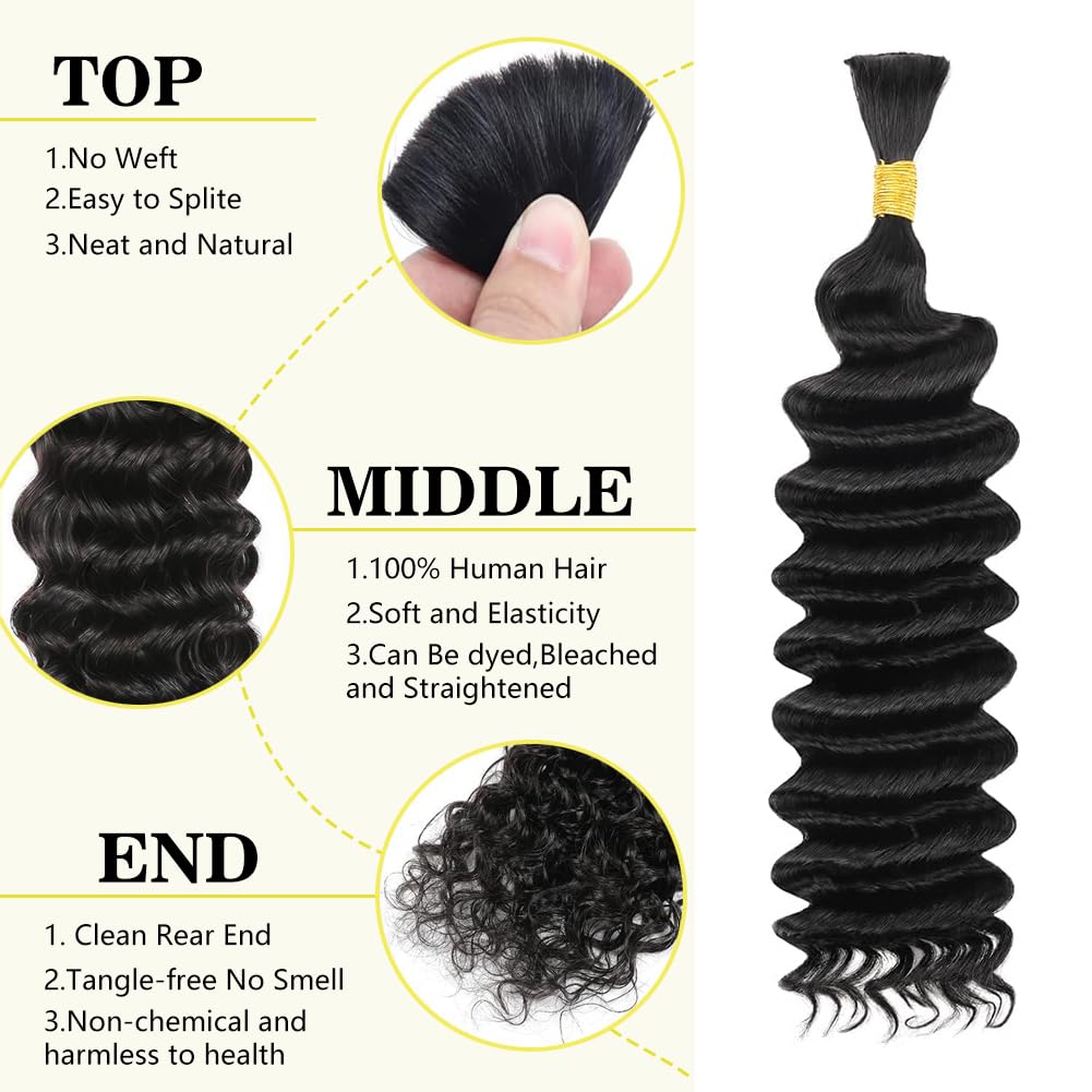 Human Braiding Hair 2 Bundle 100g 20 Inch Deep Wave Bulk Human Hair for Braiding No Weft Brazilian Virgin Curly Human Hair Extensions for Boho Braids Wet and Wavy Human Hair Braiding Hair