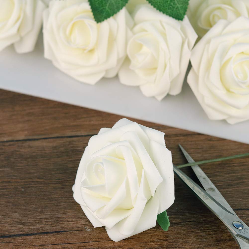Mocoosy 50Pcs White Rose Artificial Flowers, Ivory Roses for Decorations, Real Touch Fake Rose with Stems Bulk DIY Wedding Bouquet Centerpiece Bridal Shower Floral Arrangement Party Home Table Decor