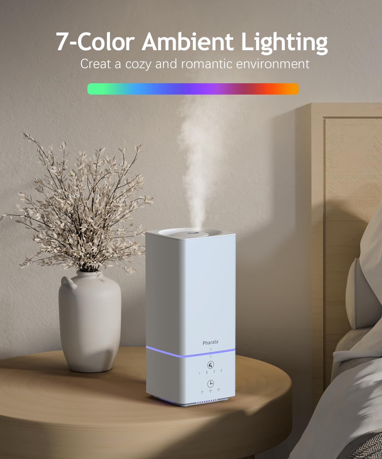 Pharata Humidifiers for Bedroom Home Baby, 2L Top Fill Cool Mist Air Humidifier with 7 Color Atmosphere Light, Small Ultrasonic Quiet Humidifier for Nursery & Plants, (White)
