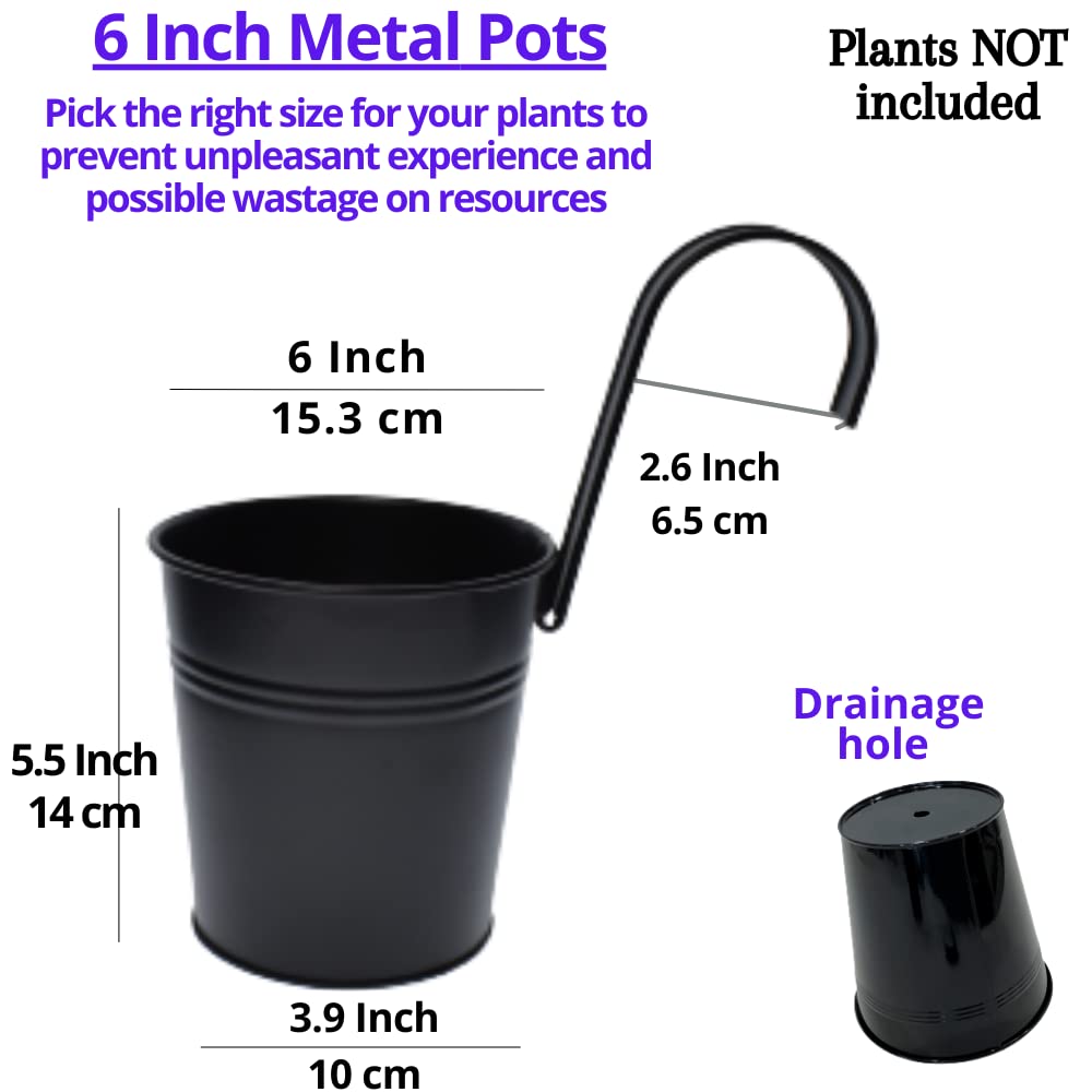 LaLaGreen Railing Planter - 10 Pack, 6 Inch Hanging Flower Pot Black, Outdoor Large Metal Iron Fence Bucket, Balcony Garden Wall Deck Porch Patio Rail Decor Hanger Hook Farmhouse Macetas para Balcon