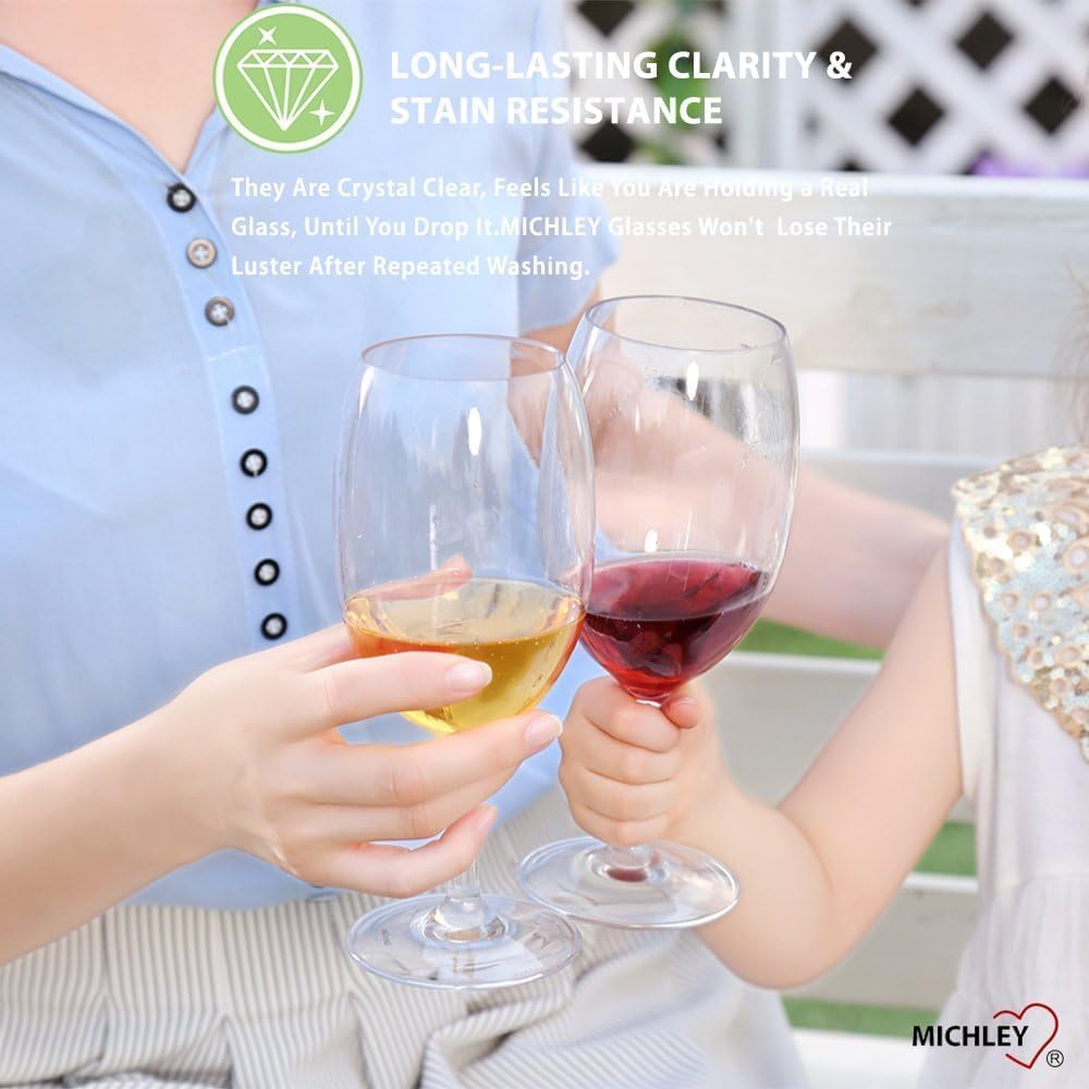 MICHLEY Unbreakable Wine Glasses, 100% Tritan Plastic Shatterproof Wine Glasses, BPA-Free, Dishwasher-Safe 20 oz, Set of 6