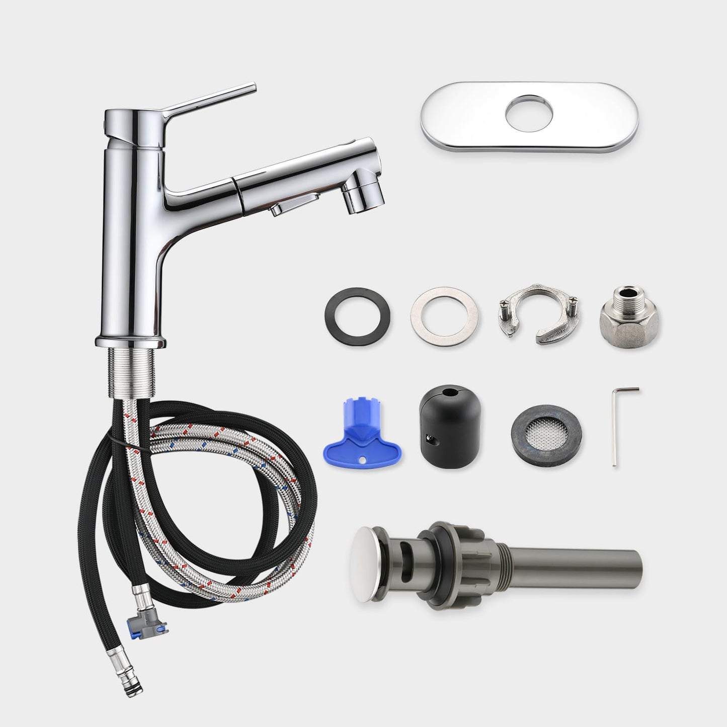Besfelos Bathroom Sink Faucet with Pull Out Sprayer, Single Handle Modern Bathroom Basin Faucet with Pop-up Sink Drain Stopper & Deck Plate 1 or 4-inch Centerset 3 Hole, Chrome