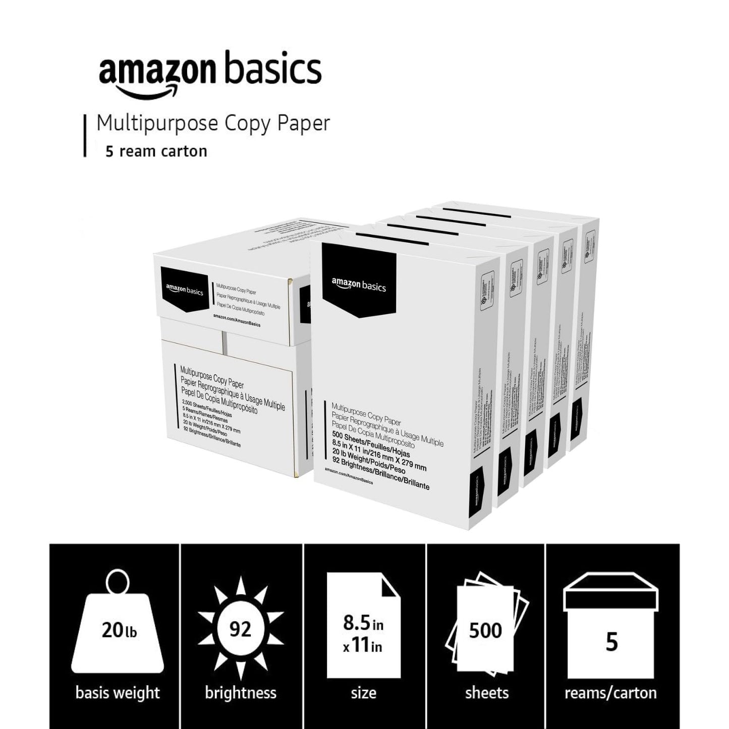 Amazon Basics Multipurpose Copy Printer Paper, 8.5" x 11", 20 lb, 5 Reams, 2500 Sheets, 92 Bright, White