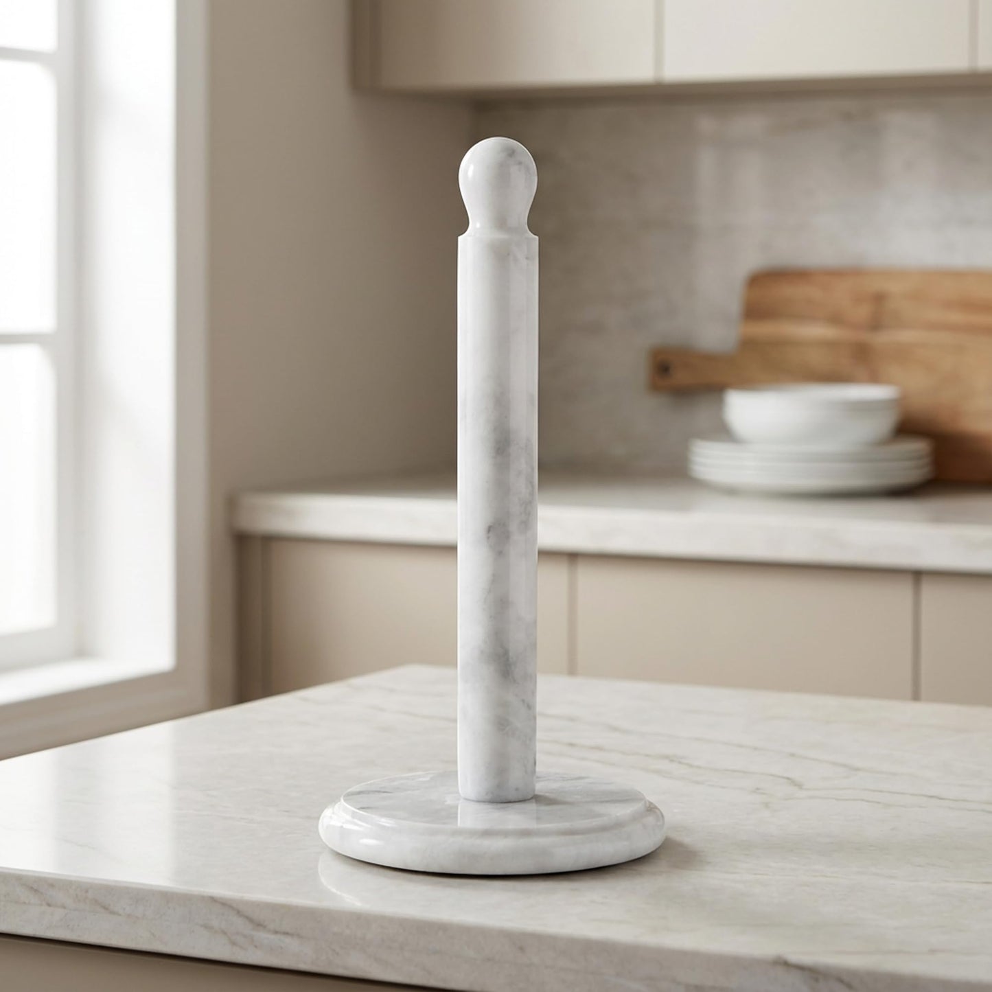 Marble Paper Towel Holder 12.5" Inch Natural Stone Countertop Kitchen Roll Stand, Free Standing Paper Towel Holder for Kitchen Decor, Dining Table and Countertop Organizer