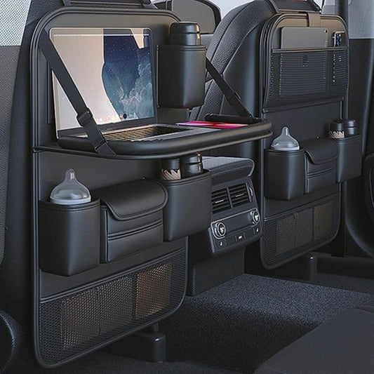 2 Pack Car Back Seat Organizer Leather Car Storage Organizer with Foldable Food Table Tray and Pockets Kick Mats Backseat Protector Travel Accessories (2, Black)