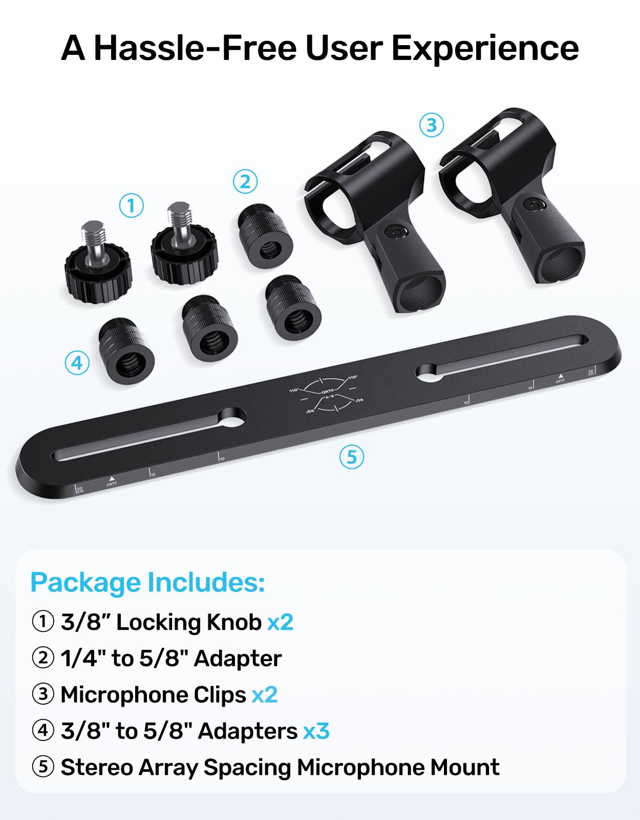 Etour Stereo Mic Bar for XY ORTF Recording, Stereo Array Spacing Dual Microphone Mount Bracket with Ruled Markings - 2 Mics Holder, Fits 3/8", 5/8" & 1/4" Thread Mic Stand with Included Adapter