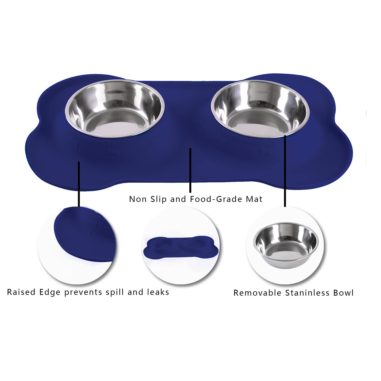Hubulk Pet Dog Bowls 2 Stainless Steel Dog Bowl with No Spill Non-Skid Silicone Mat + Pet Food Scoop Water and Food Feeder Bowls for Feeding Small Medium Large Dogs Cats Puppies (Large, Navy Blue)