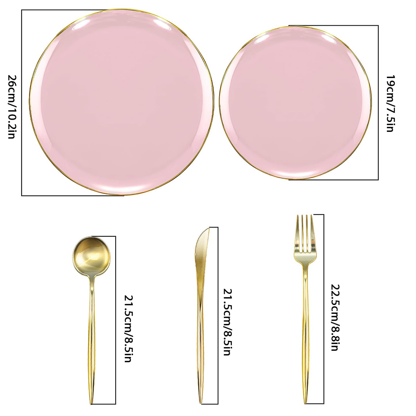 150Pcs Plastic Disposable Plates Set, Plastic Dinnerware Disposable Party Plates Set with Gold Rim for 30 Guests, Include: 30Pcs Dinner Plates, 30Pcs Dessert Plates, 90Pcs Gold Cutlery(Pink)