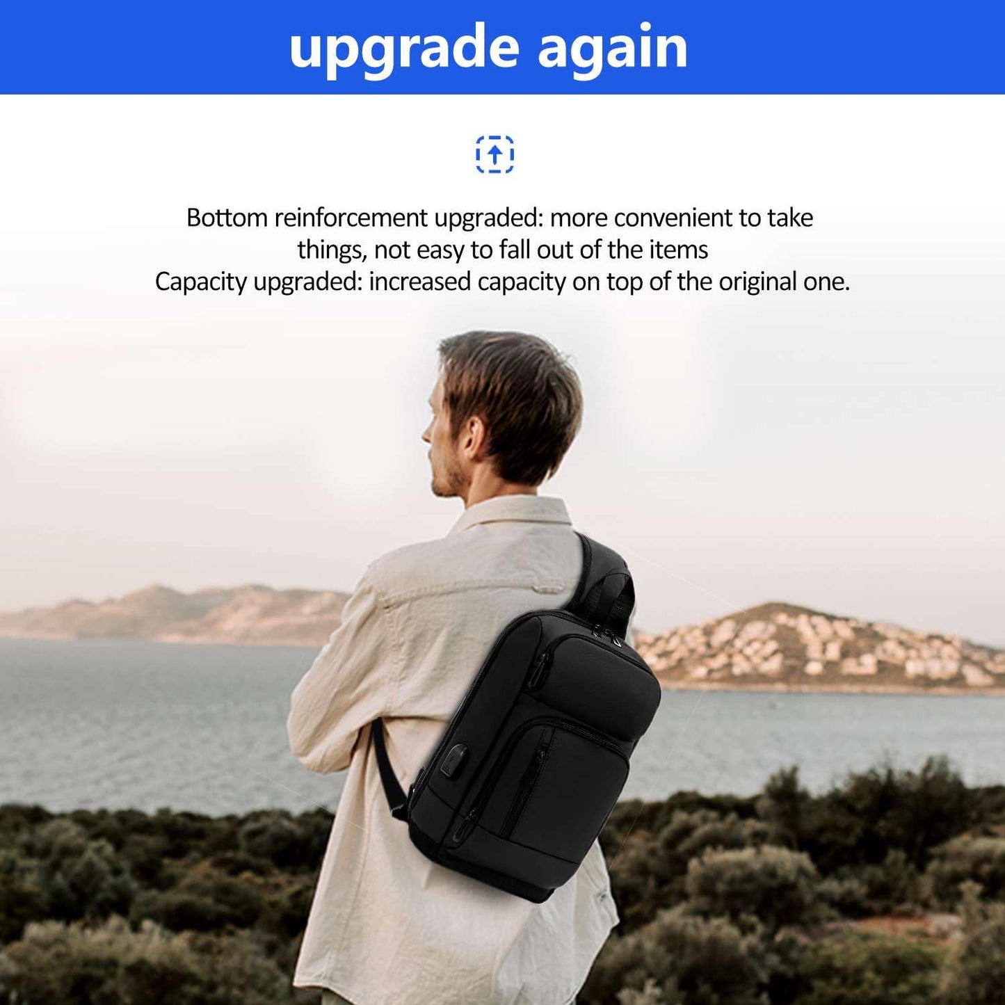 Sling Bag for Men Women, 900D Waterproof Fabric, USB Charging Port, Smart Strap with Card Pocket, Breathable Back Design for Daily Commute Travel Weekend Dates