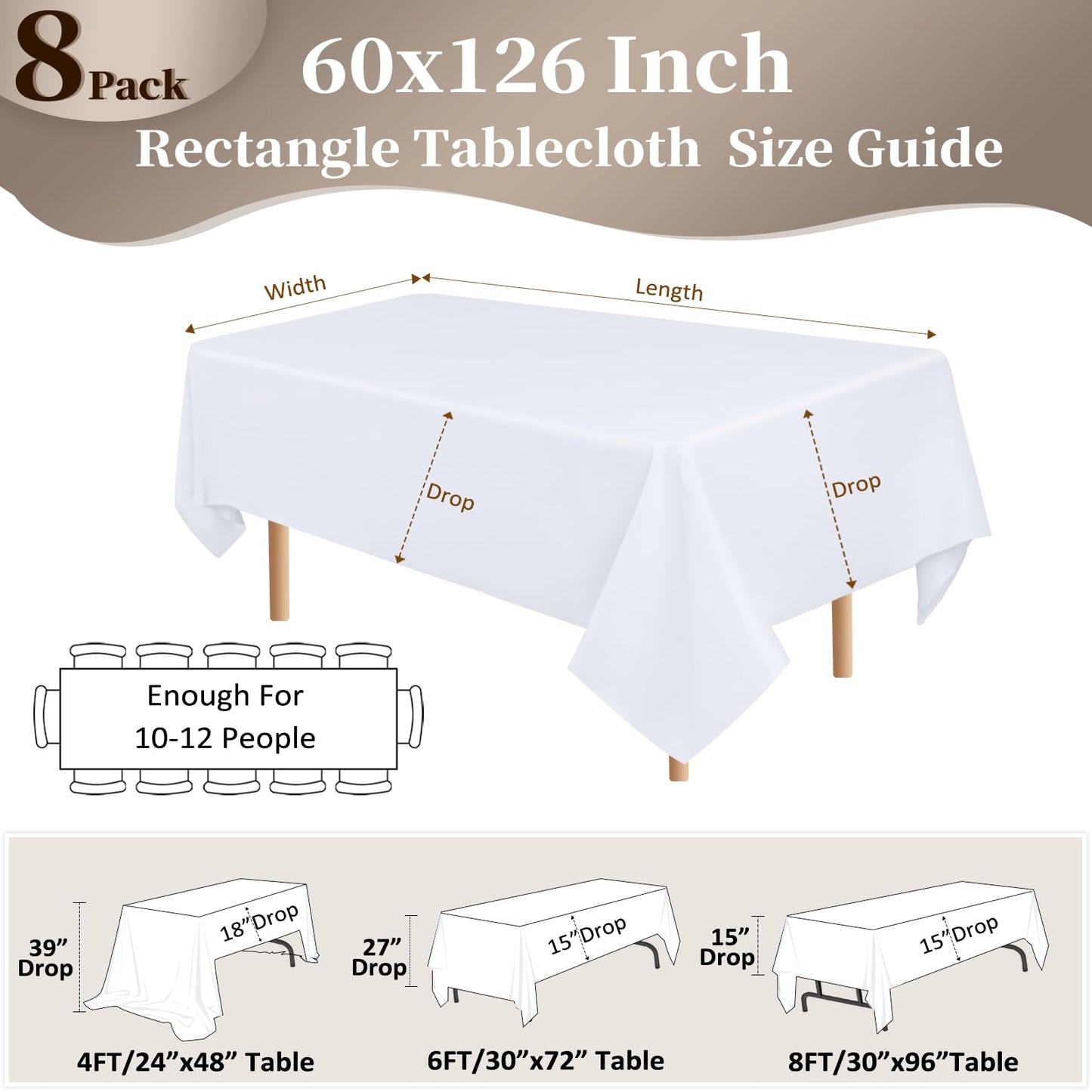 Pepmily 8 Pack White Rectangle Tablecloths, 60x126 Inch, Wrinkle Resistant, Polyester, For 8ft Rectangular Tables, 10-12 People, Wedding, Birthday, Anniversary