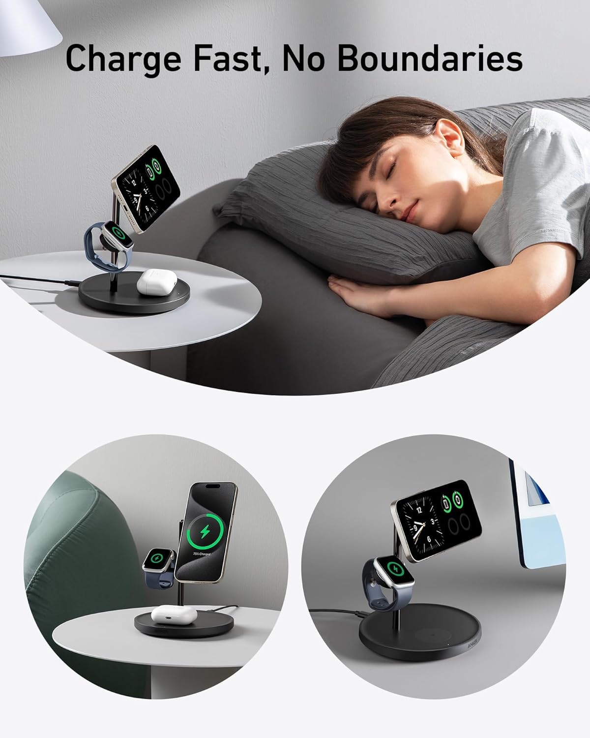 Anker MagSafe Charger Stand, iPhone 17 Wireless Charging Station, MagGo 3 in 1 Charging Station, Qi2 Certified 15W Wireless Charger, Desk Accessory, for iPhone 17/16/15/14/13/12, Apple Watch, AirPods