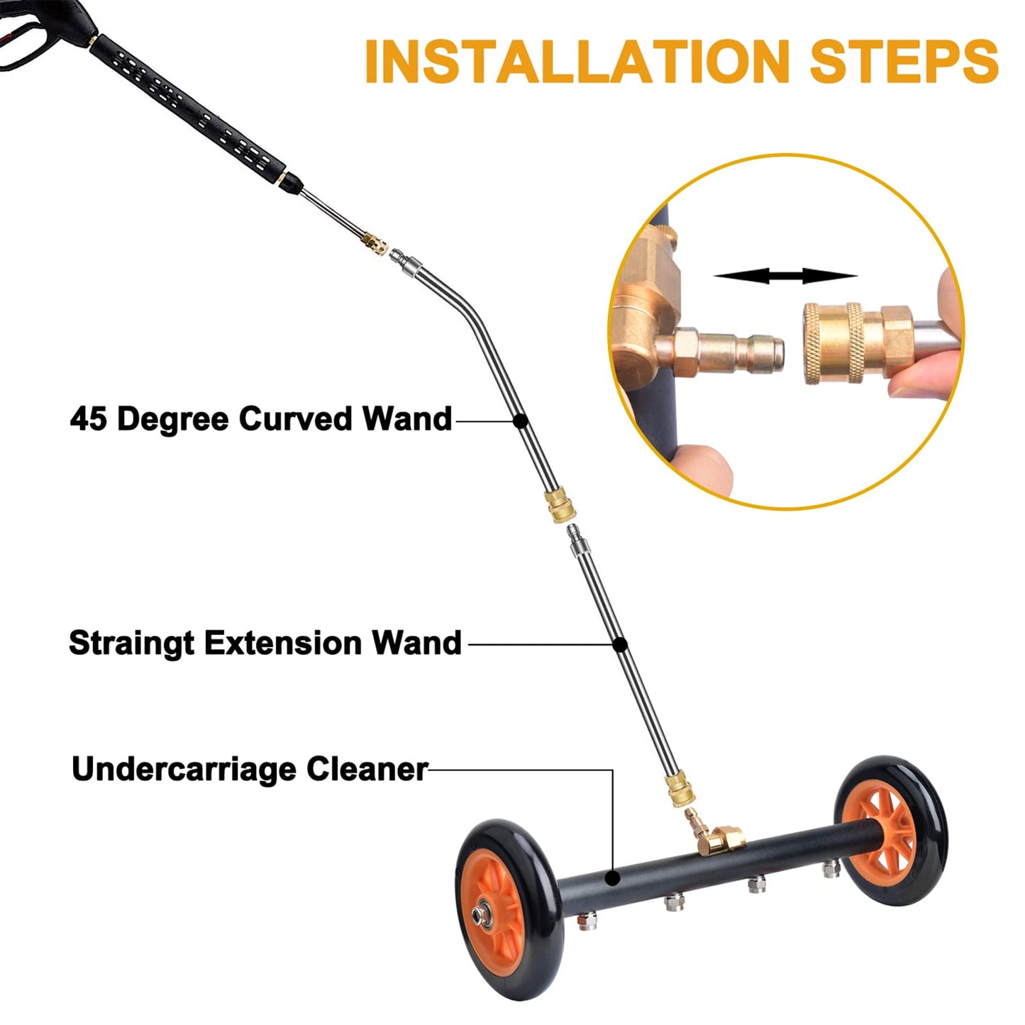 EVEAGE 2-in-1 Pressure Washer Undercarriage Cleaner Water Broom, 16" Surface Cleaner Power Washer Attachment with 4 Nozzles 3 Extension Rods and QC Pivot Coupler Extra Wash Mitt, 4000 PSI,Blaze Orange