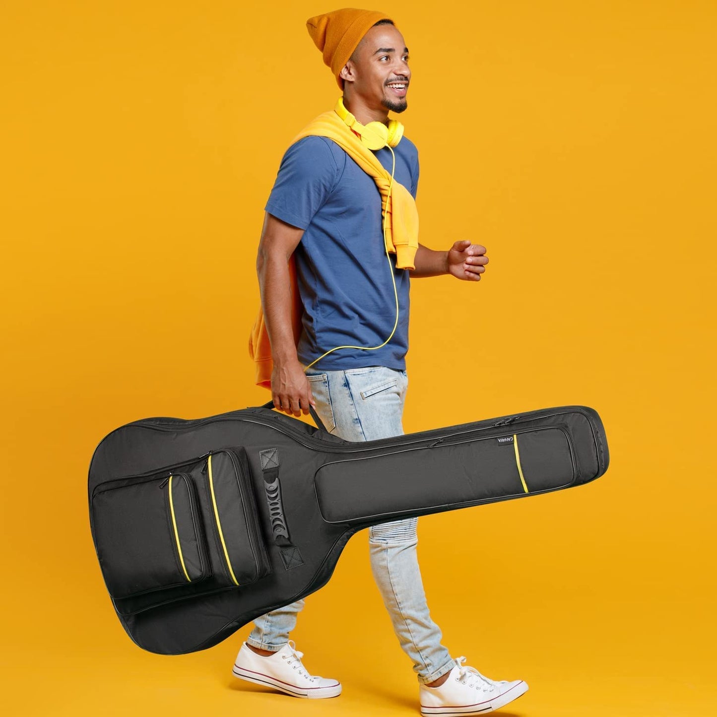 CAHAYA 44 Inch Guitar Bag Multi-Pockets for Jumbo and Dreadnought Yellow Line Guitar Case 0.47in Thick Padding Waterproof Dual Adjustable Shoulder Strap Gig Bag with Back Hanger Loop CY0284